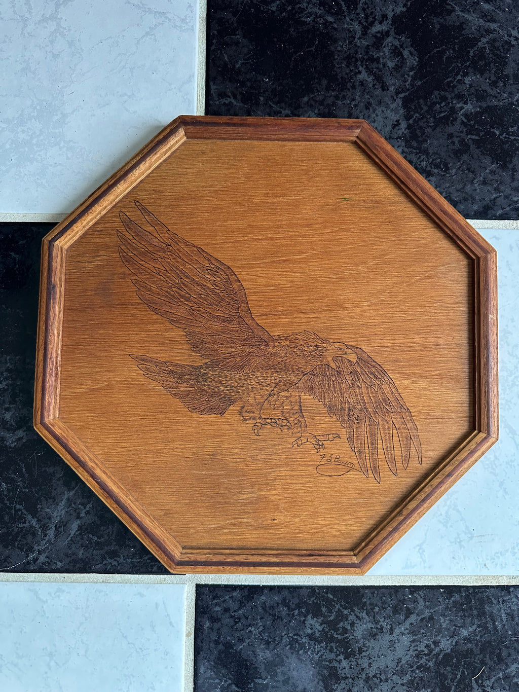 1980s Wooden Tray with Hand-Carved Eagle Design