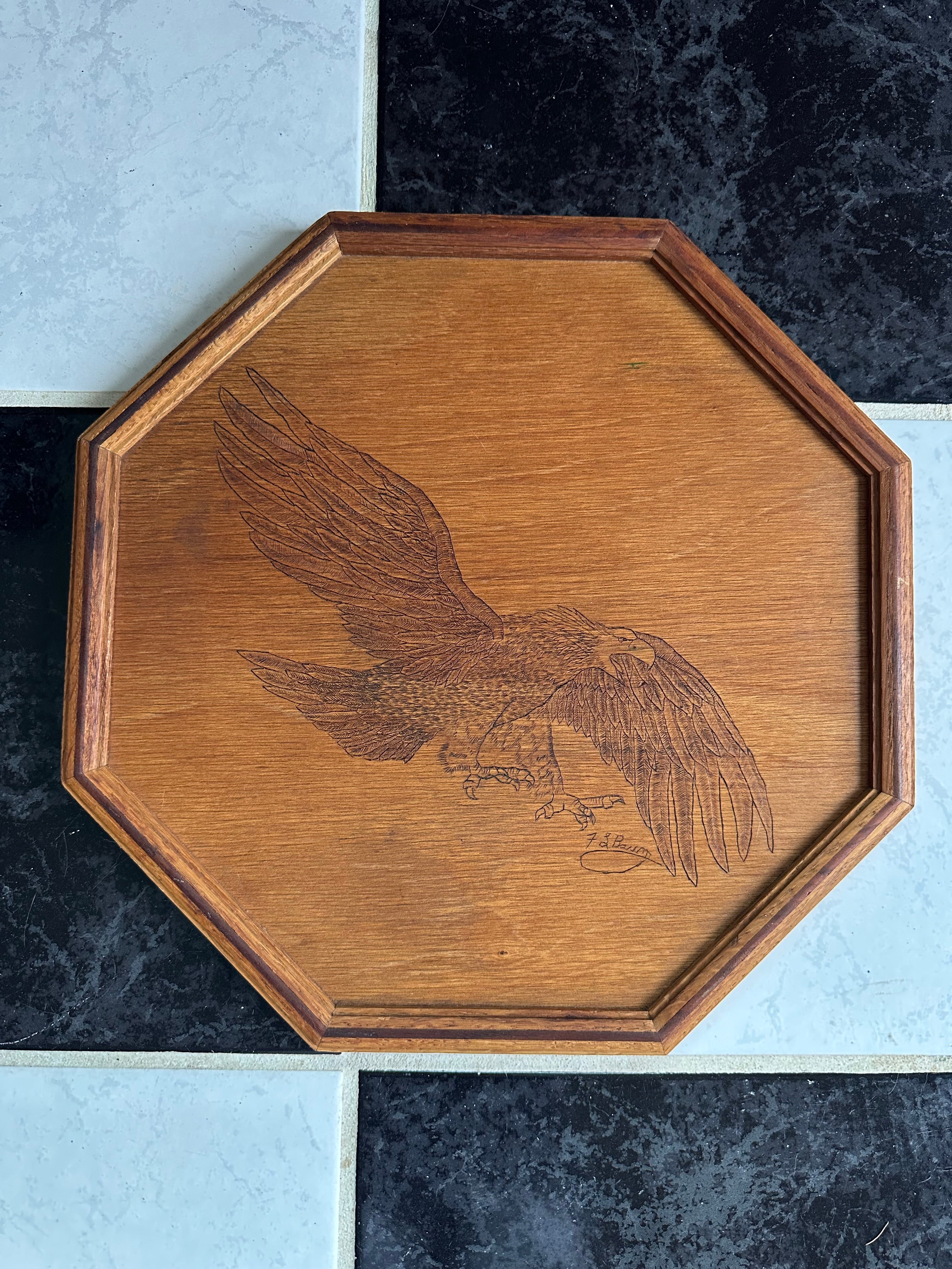 1980s Wooden Tray with Hand-Carved Eagle Design