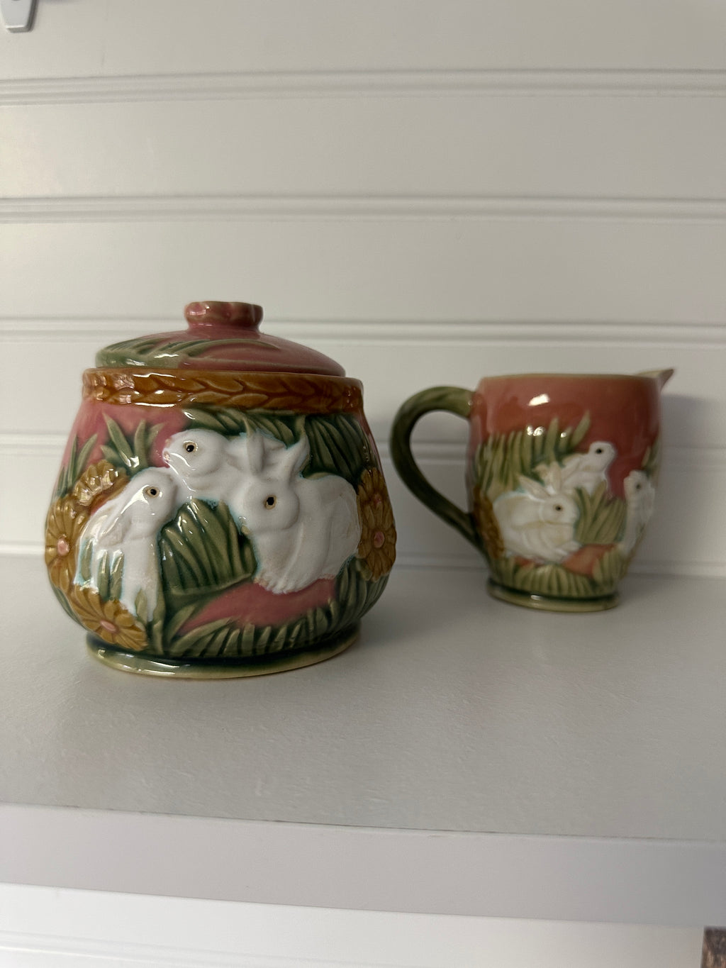 Vintage Henriksen Majolica Bunny Rabbit Creamer and Sugar Bowl with Spoon
