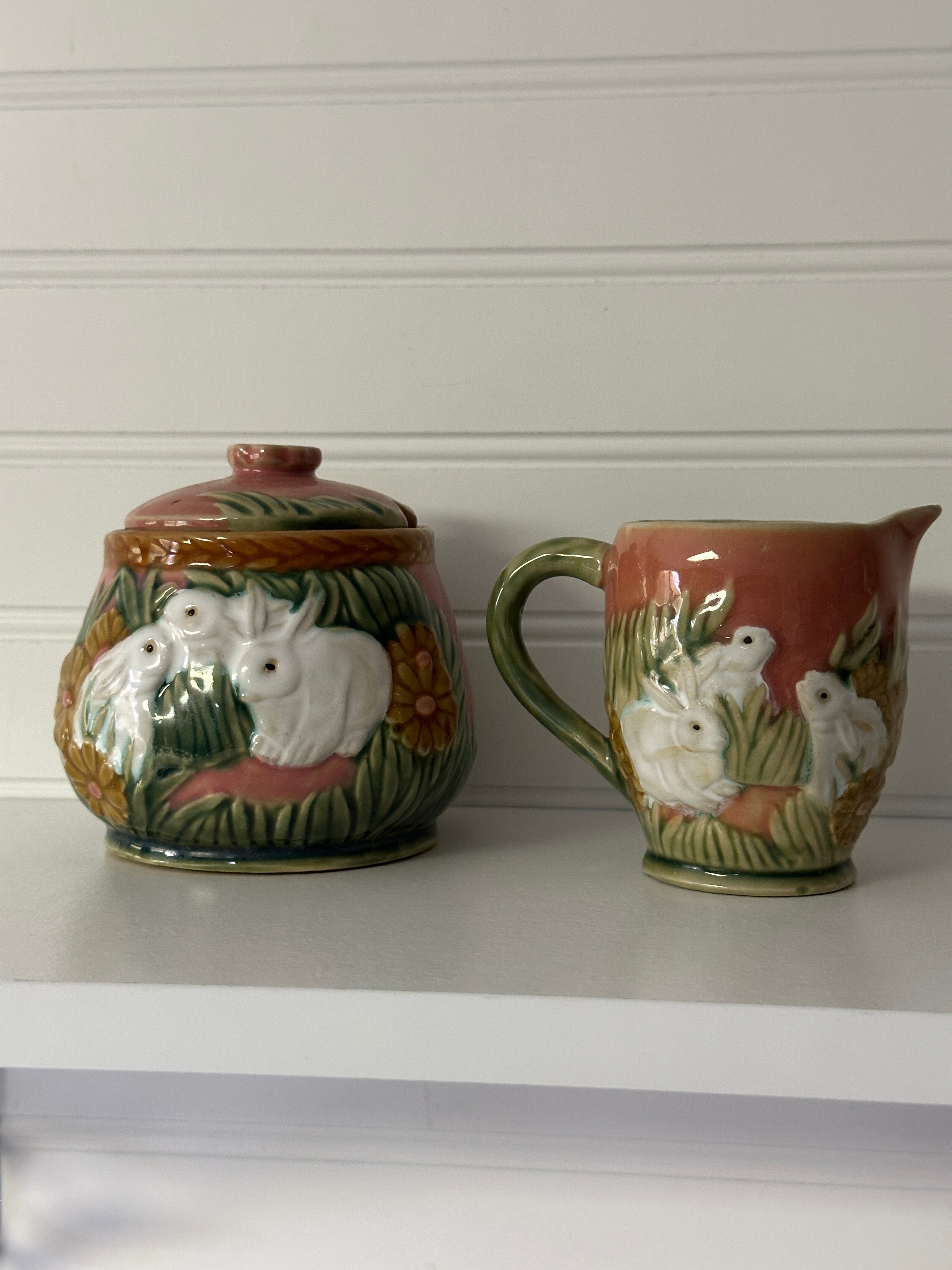 Vintage Henriksen Majolica Bunny Rabbit Creamer and Sugar Bowl with Spoon