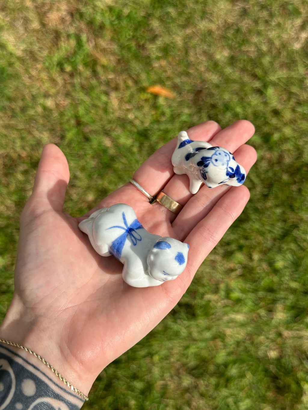 Delft Blue Puppy Dog figurine & Chinese opium pillow chopstick crawling baby