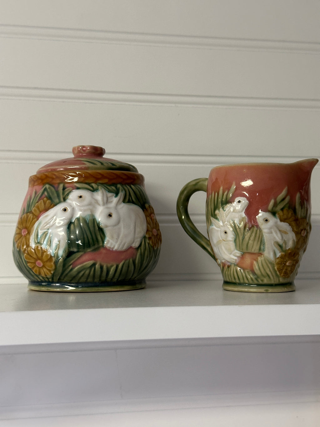 Vintage Henriksen Majolica Bunny Rabbit Creamer and Sugar Bowl with Spoon