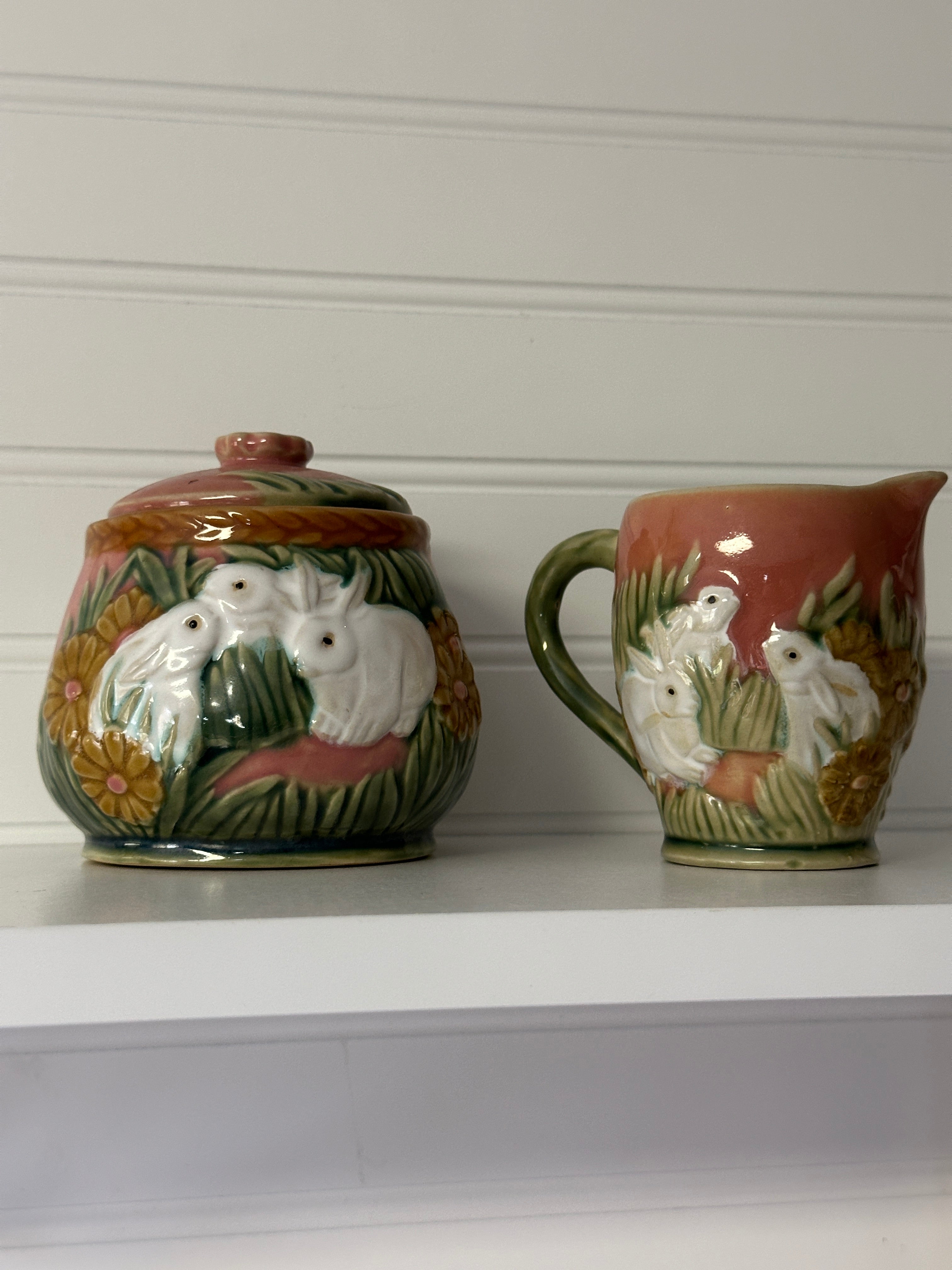 Vintage Henriksen Majolica Bunny Rabbit Creamer and Sugar Bowl with Spoon