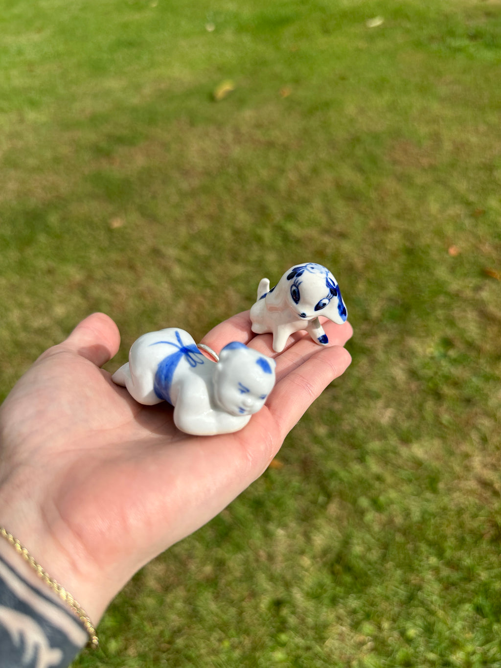 Delft Blue Puppy Dog figurine & Chinese opium pillow chopstick crawling baby