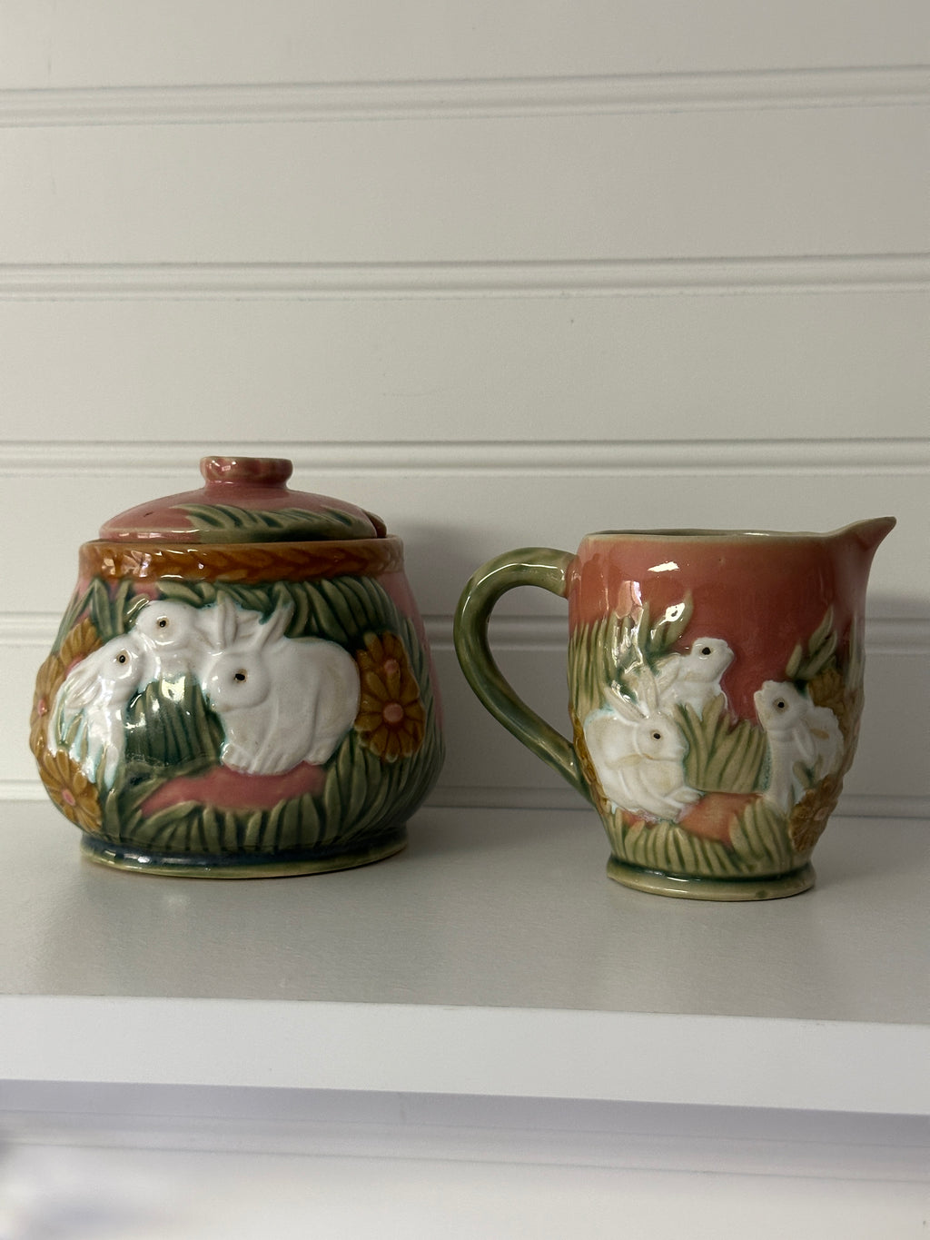 Vintage Henriksen Majolica Bunny Rabbit Creamer and Sugar Bowl with Spoon