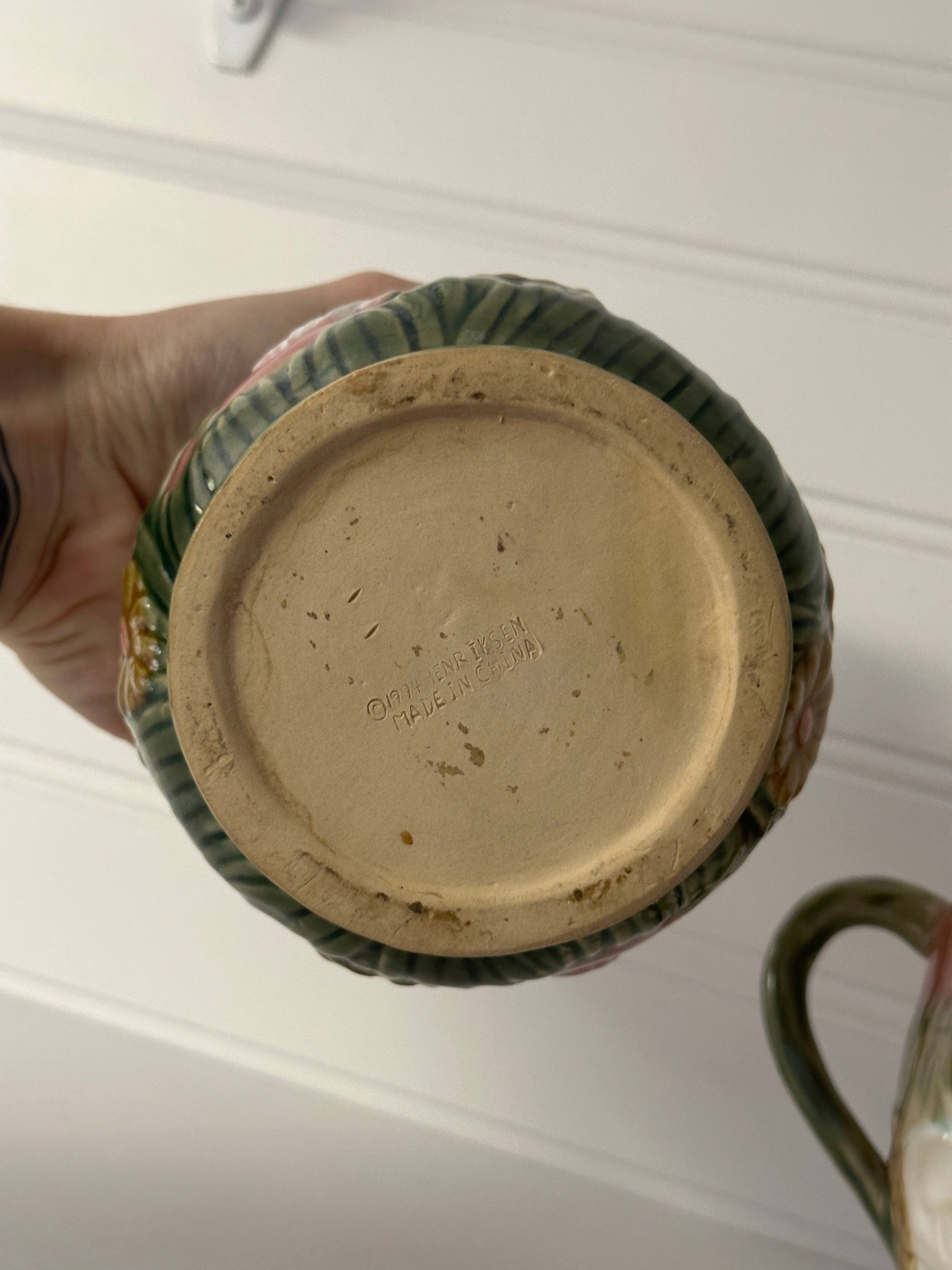 Vintage Henriksen Majolica Bunny Rabbit Creamer and Sugar Bowl with Spoon