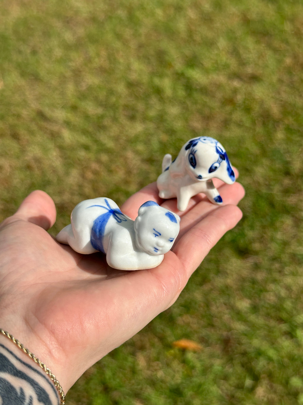 Delft Blue Puppy Dog figurine & Chinese opium pillow chopstick crawling baby