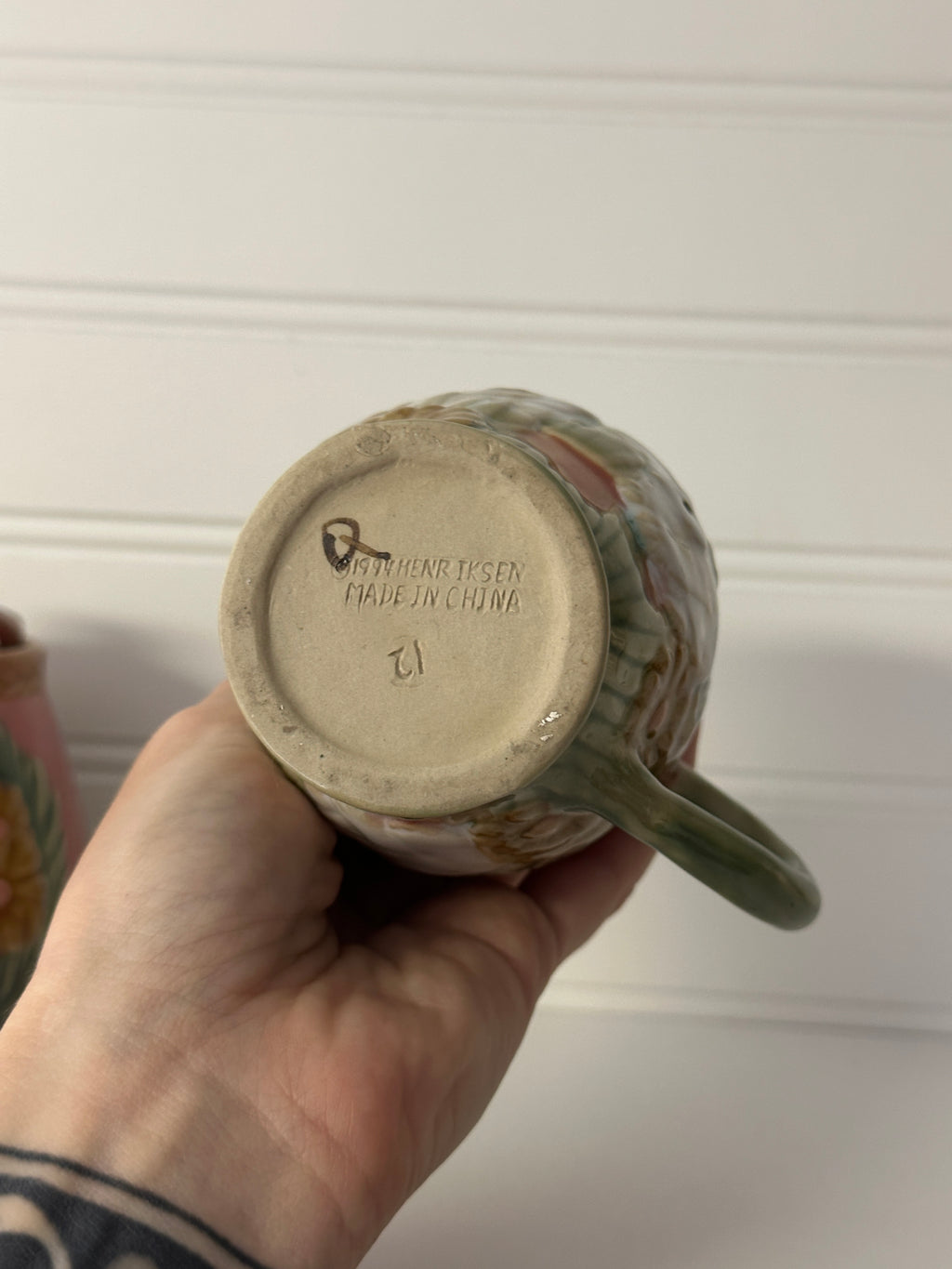 Vintage Henriksen Majolica Bunny Rabbit Creamer and Sugar Bowl with Spoon