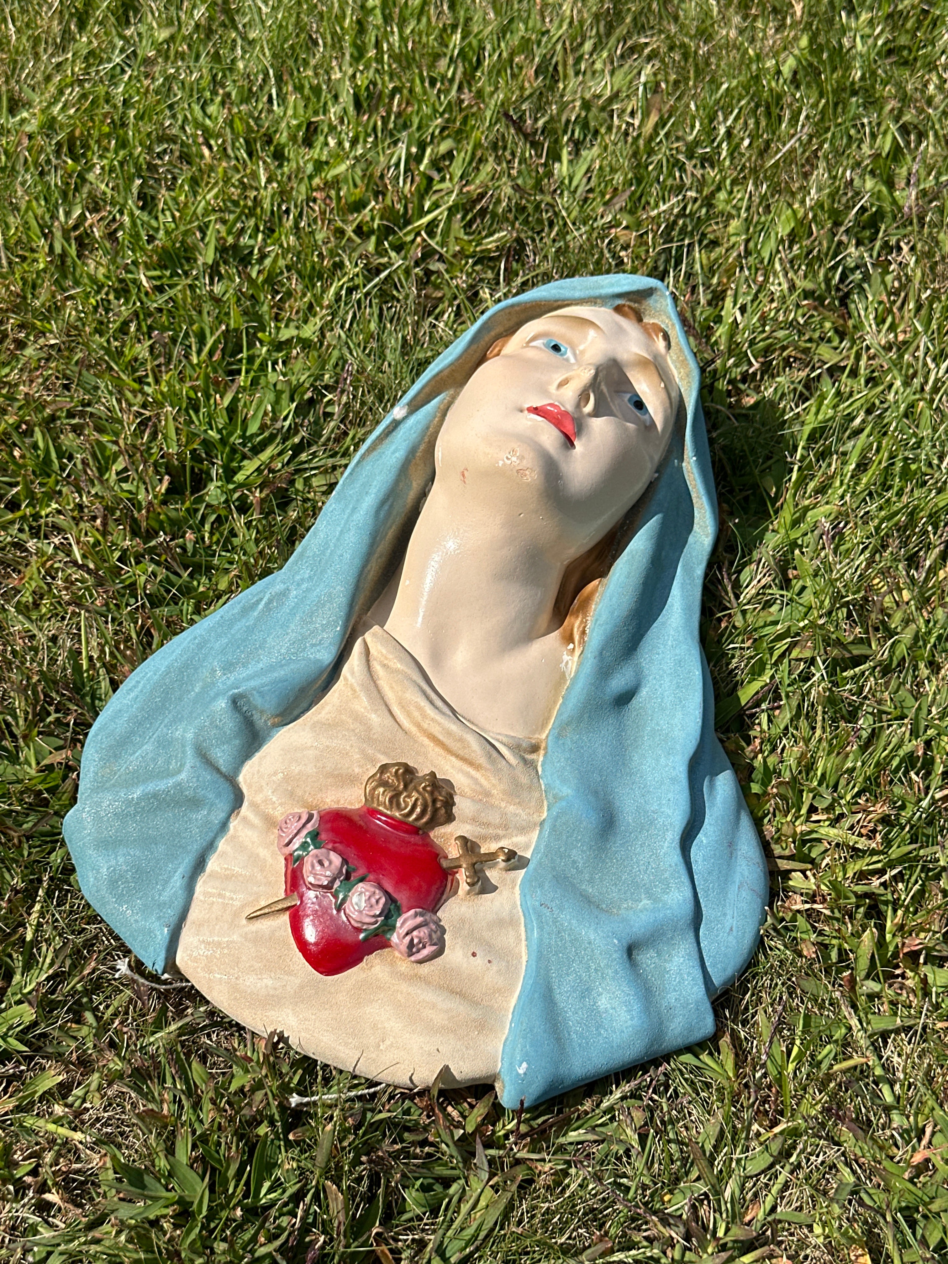 1960s Sacred Heart Statue Virgin Mary Wall Plaque - Vintage Sacred Heart Wall Art