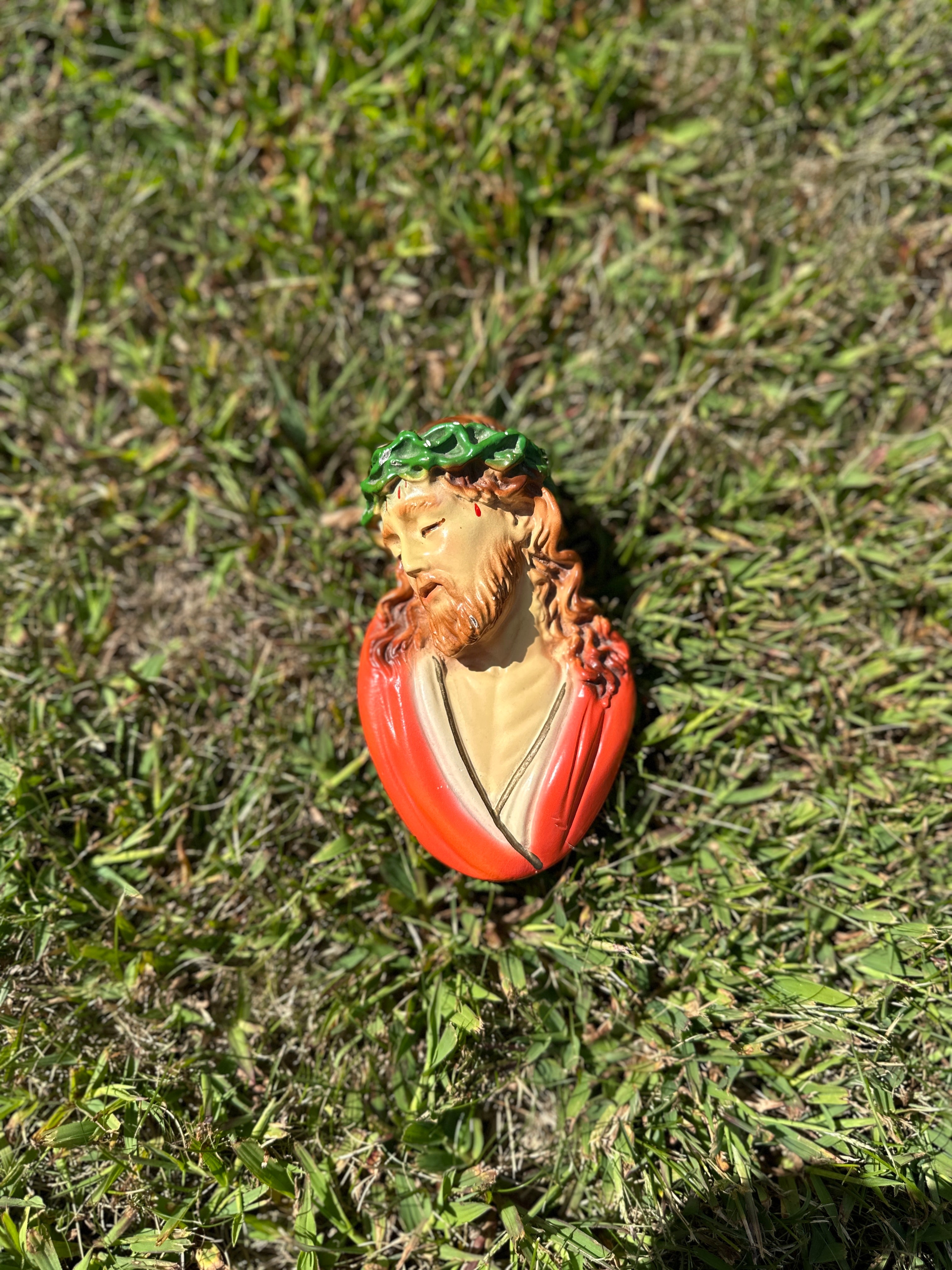 Vintage Jesus Wall Bust – Crown of Thorns – Hand-Painted Religious Sculpture