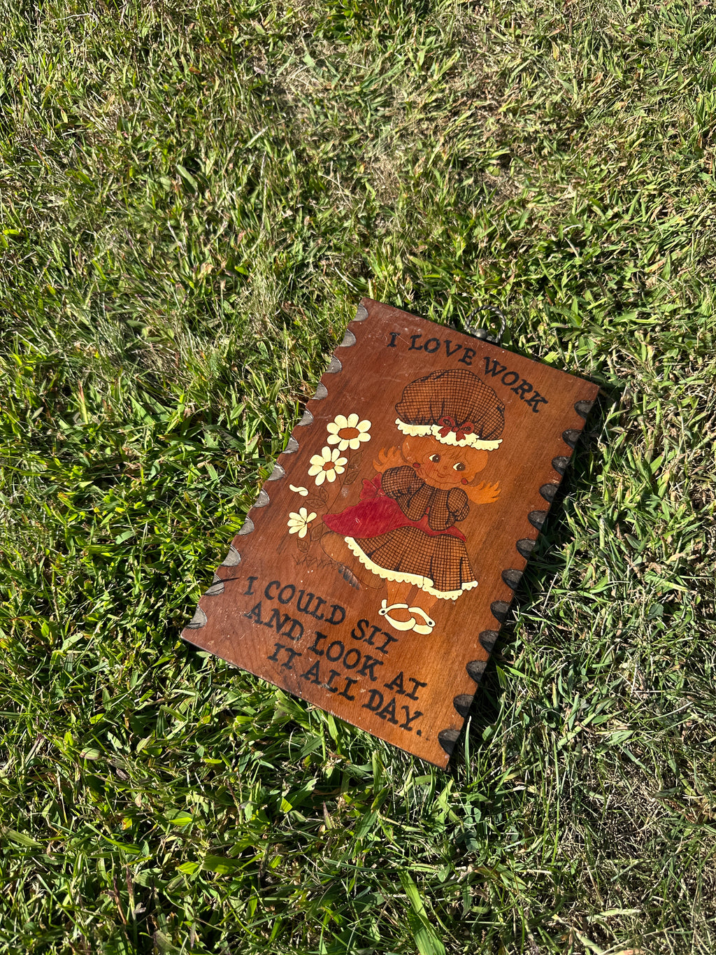 Mid century Wooden Plaque - I Love Work