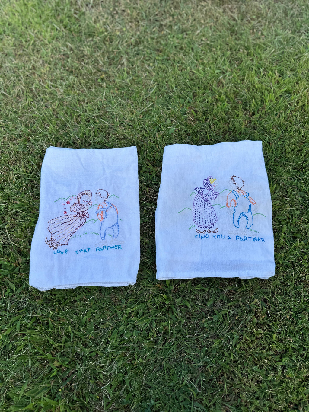 Vintage Hand-Embroidered Tea Towels – “Find You a Partner / Love That Partner”