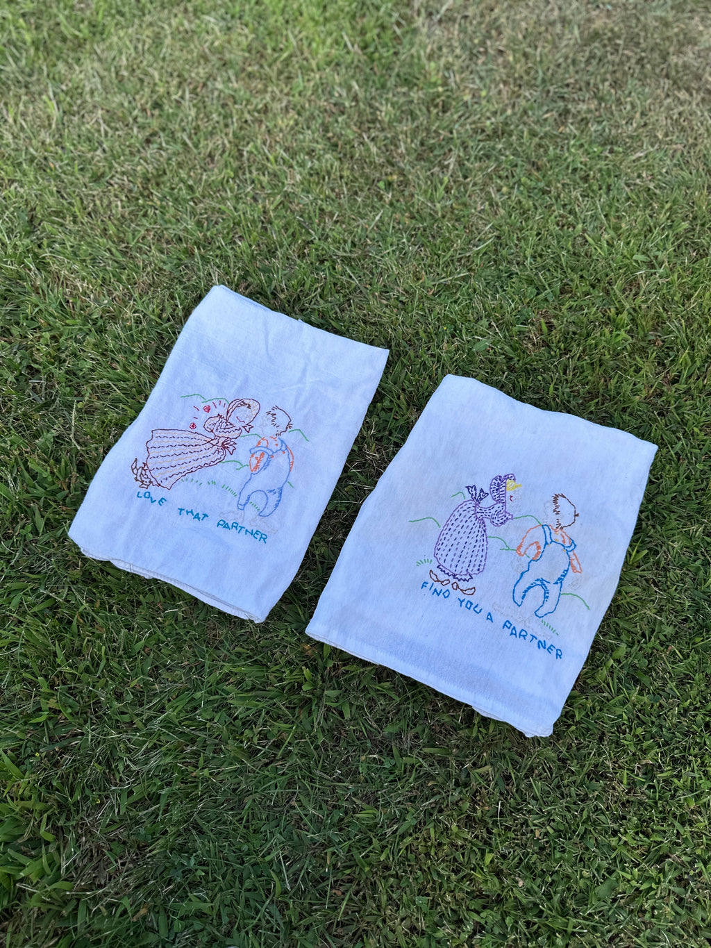 Vintage Hand-Embroidered Tea Towels – “Find You a Partner / Love That Partner”