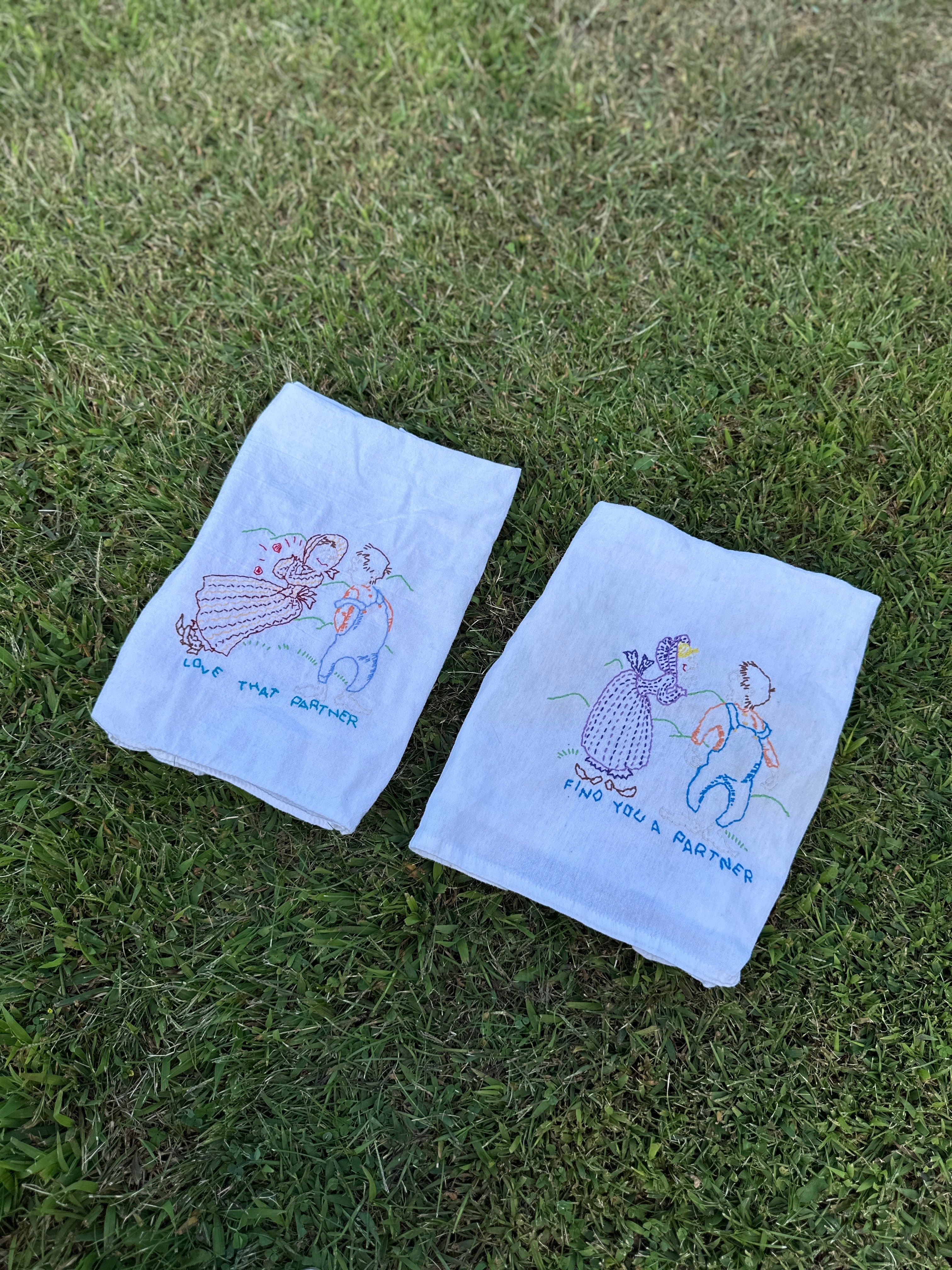 Vintage Hand-Embroidered Tea Towels – “Find You a Partner / Love That Partner”