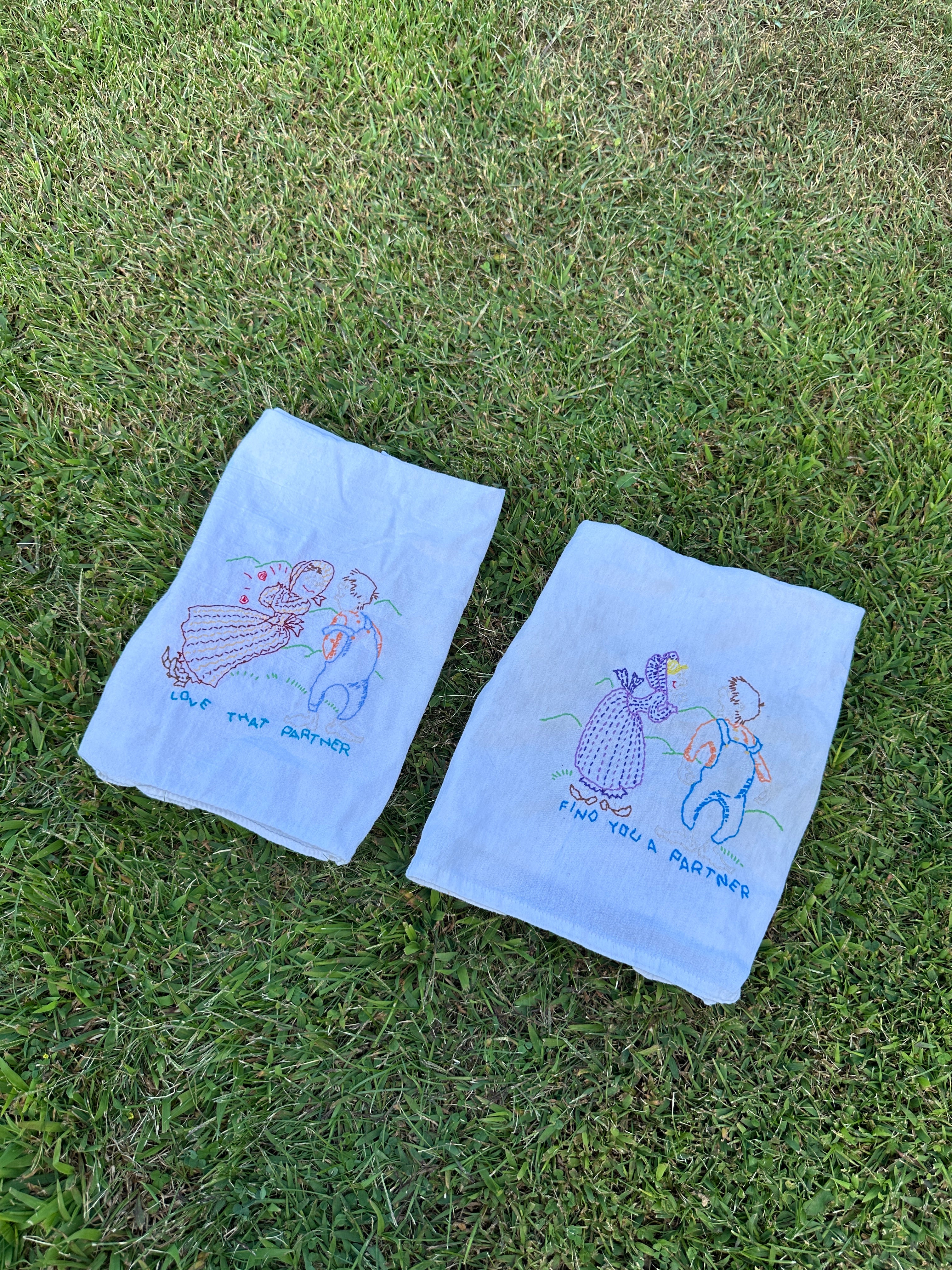 Vintage Hand-Embroidered Tea Towels – “Find You a Partner / Love That Partner”