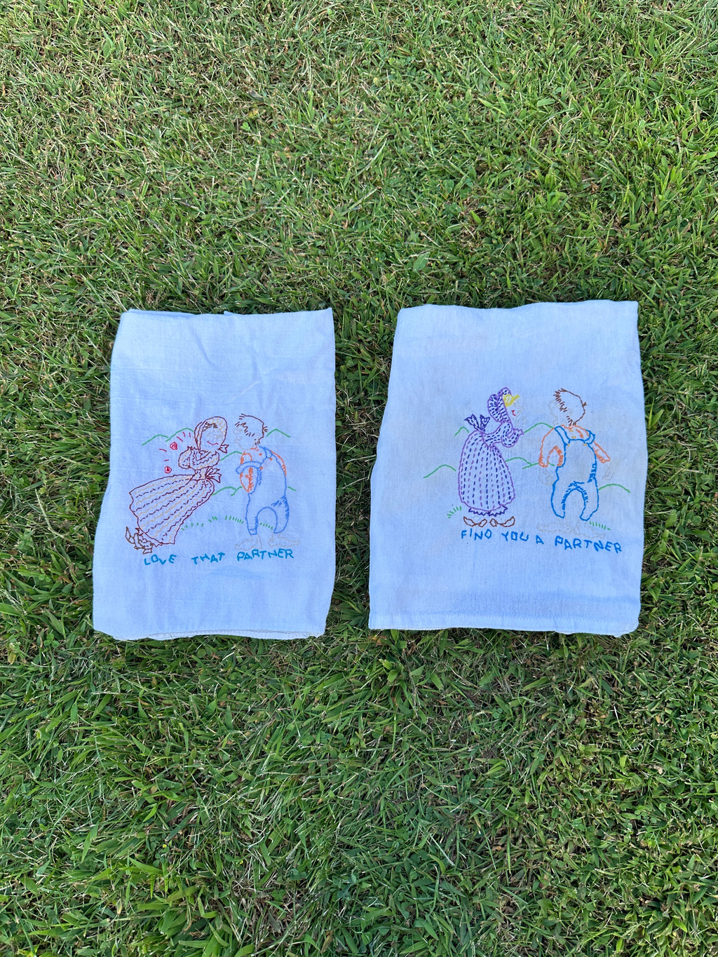 Vintage Hand-Embroidered Tea Towels – “Find You a Partner / Love That Partner”