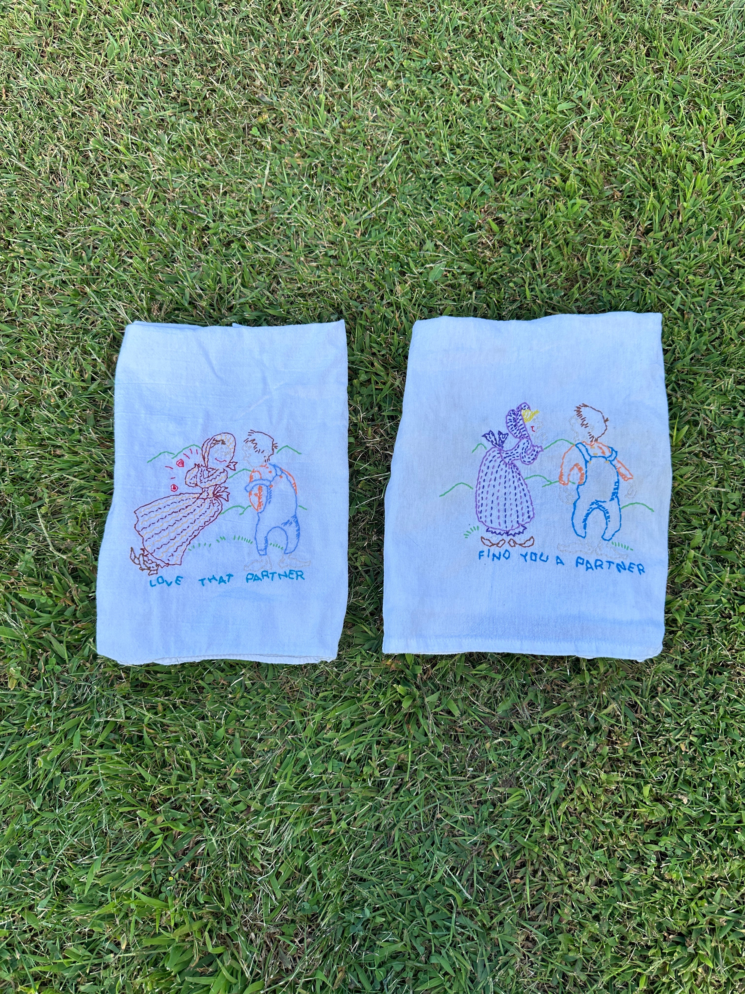 Vintage Hand-Embroidered Tea Towels – “Find You a Partner / Love That Partner”