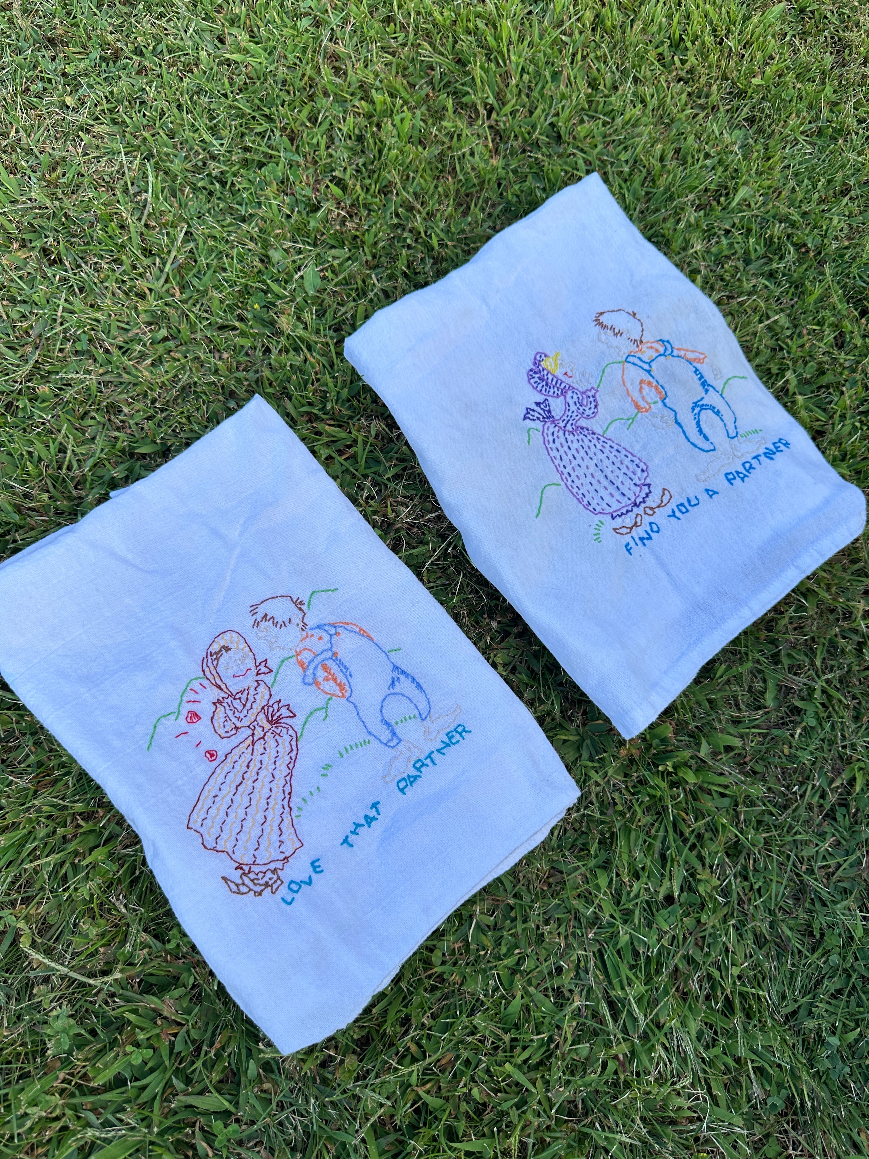 Vintage Hand-Embroidered Tea Towels – “Find You a Partner / Love That Partner”