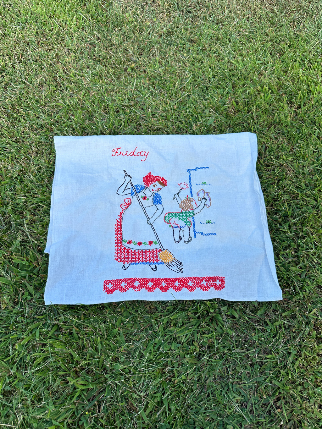 Vintage Embroidered Day-of-the-Week Tea Towel – Friday Housekeeping Scene