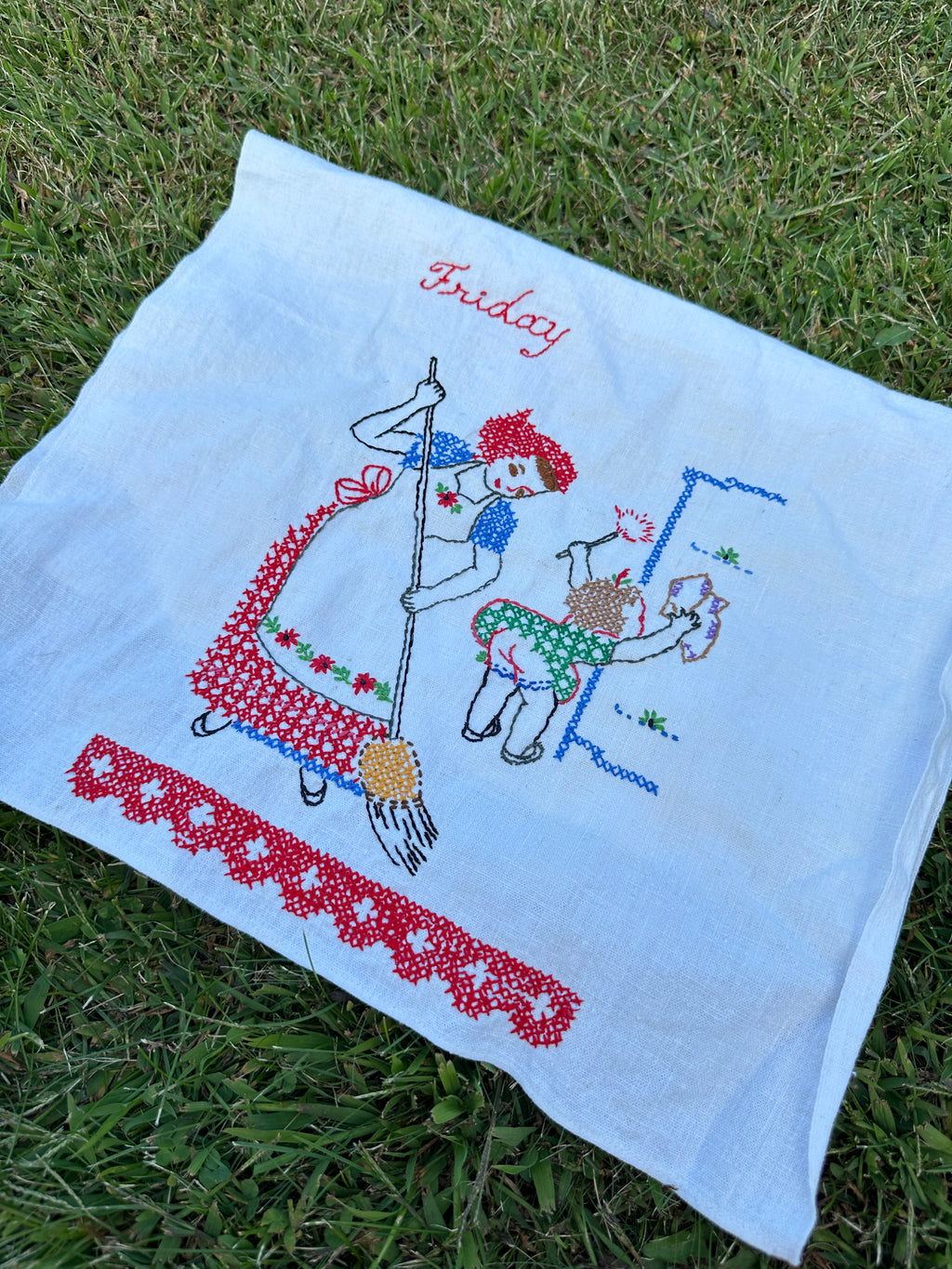 Vintage Embroidered Day-of-the-Week Tea Towel – Friday Housekeeping Scene