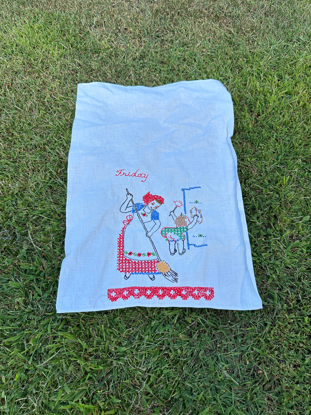 Vintage Embroidered Day-of-the-Week Tea Towel – Friday Housekeeping Scene