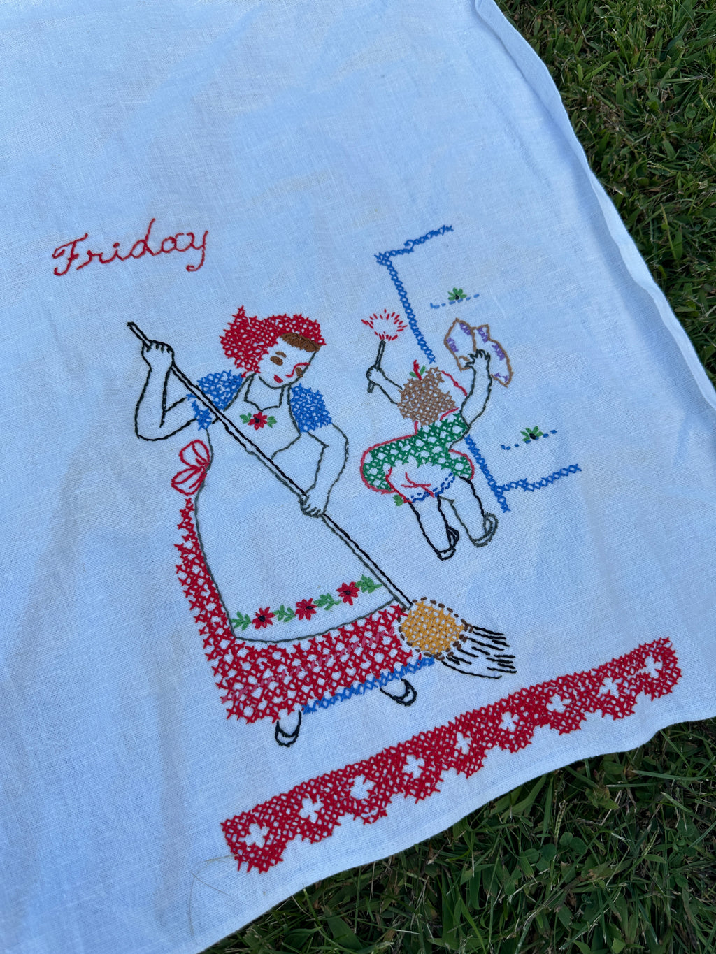 Vintage Embroidered Day-of-the-Week Tea Towel – Friday Housekeeping Scene