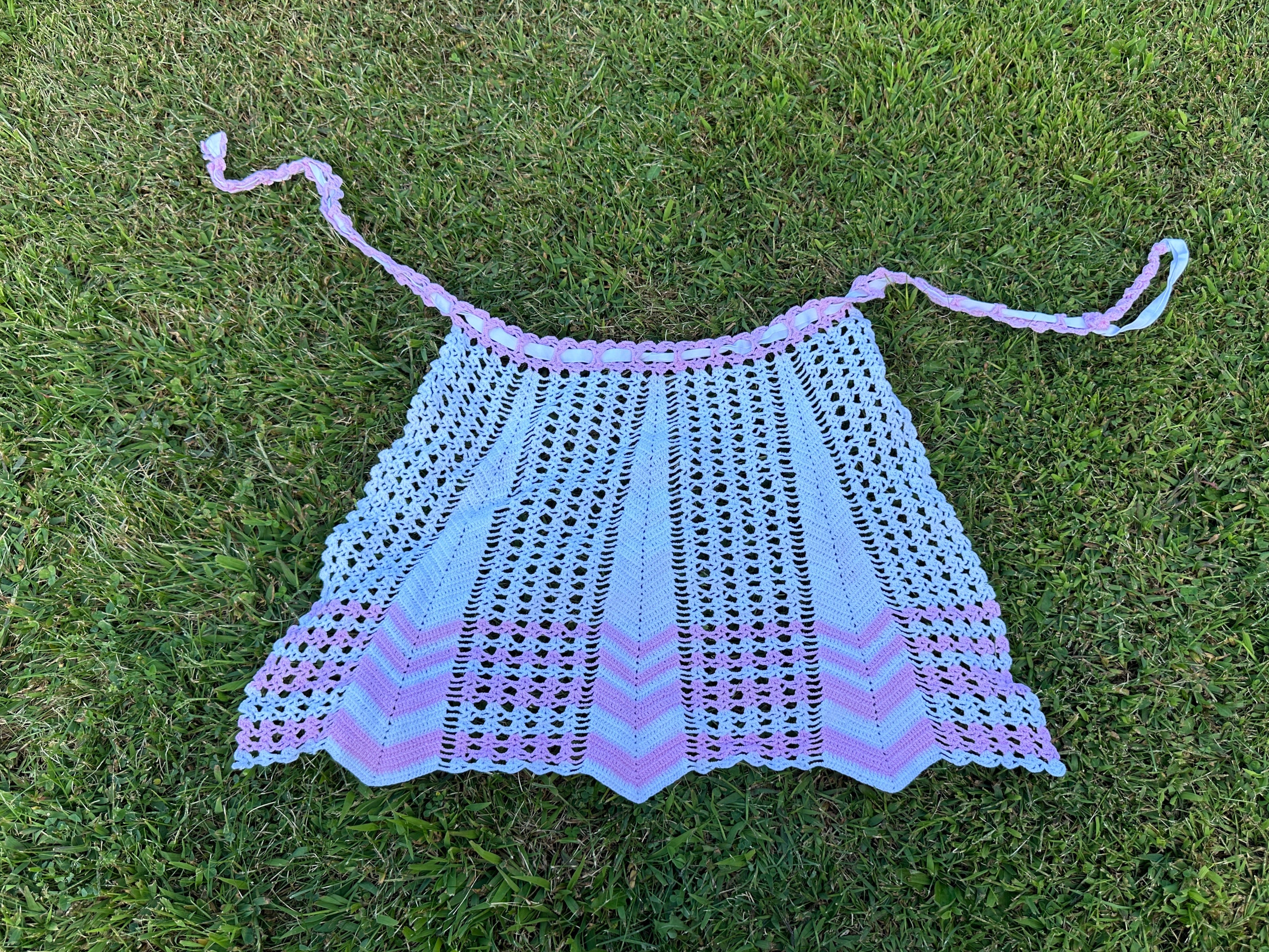 Vintage Handmade Crochet Apron – Pastel Pink & Pink Stripes