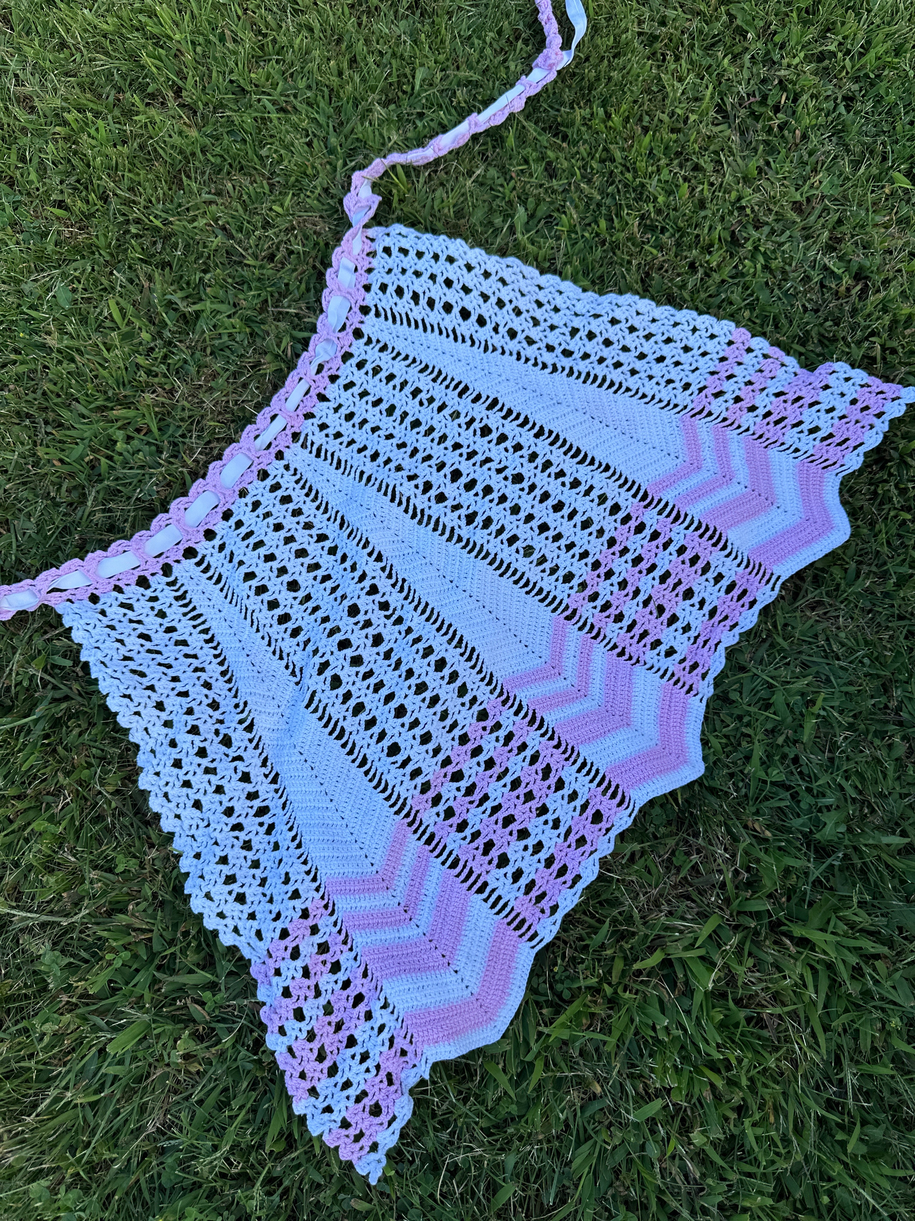 Vintage Handmade Crochet Apron – Pastel Pink & Pink Stripes