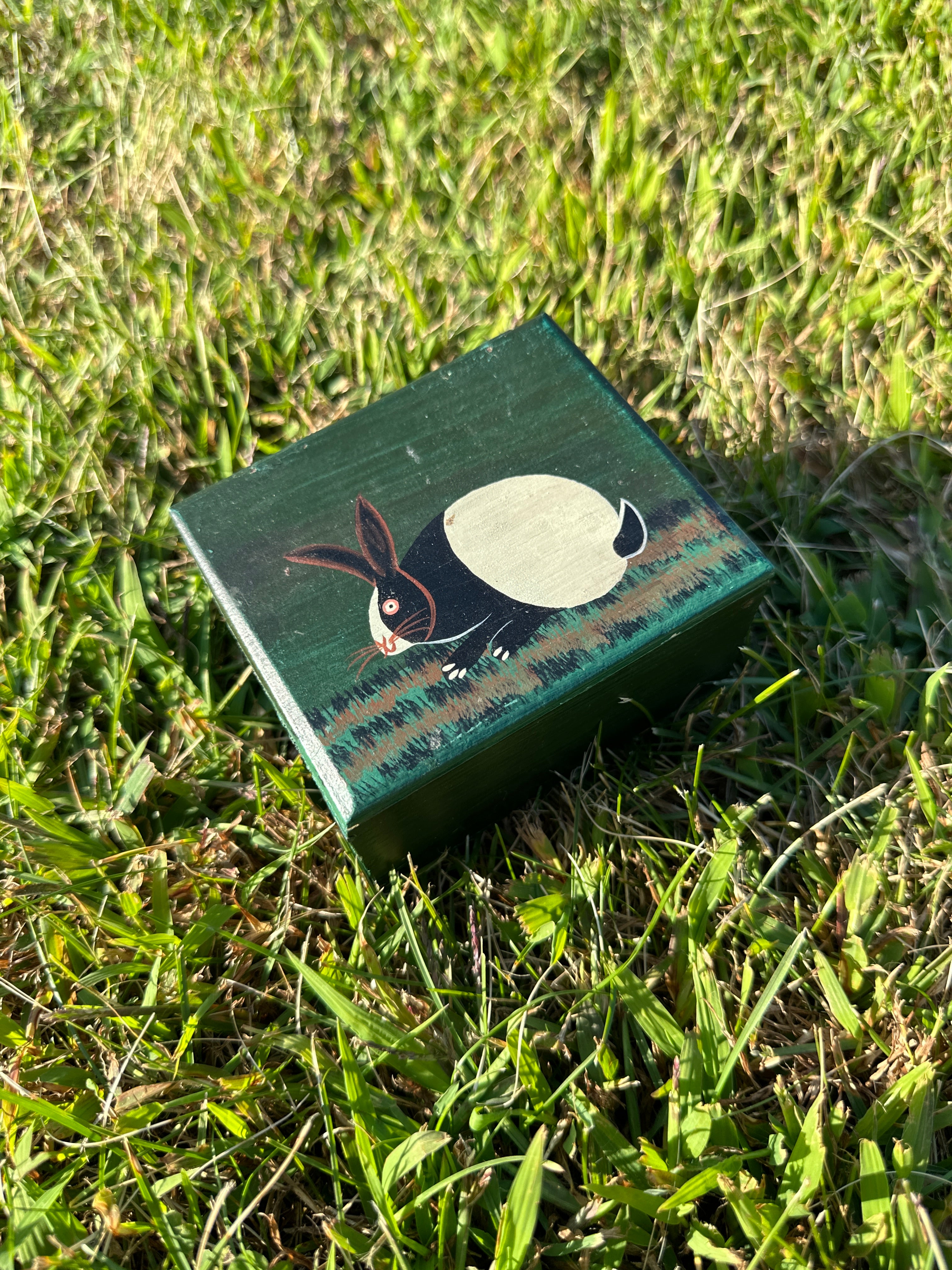 Vintage Hand-Painted Wooden Rabbit Trinket Box