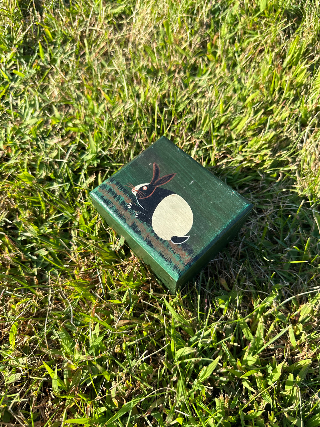 Vintage Hand-Painted Wooden Rabbit Trinket Box