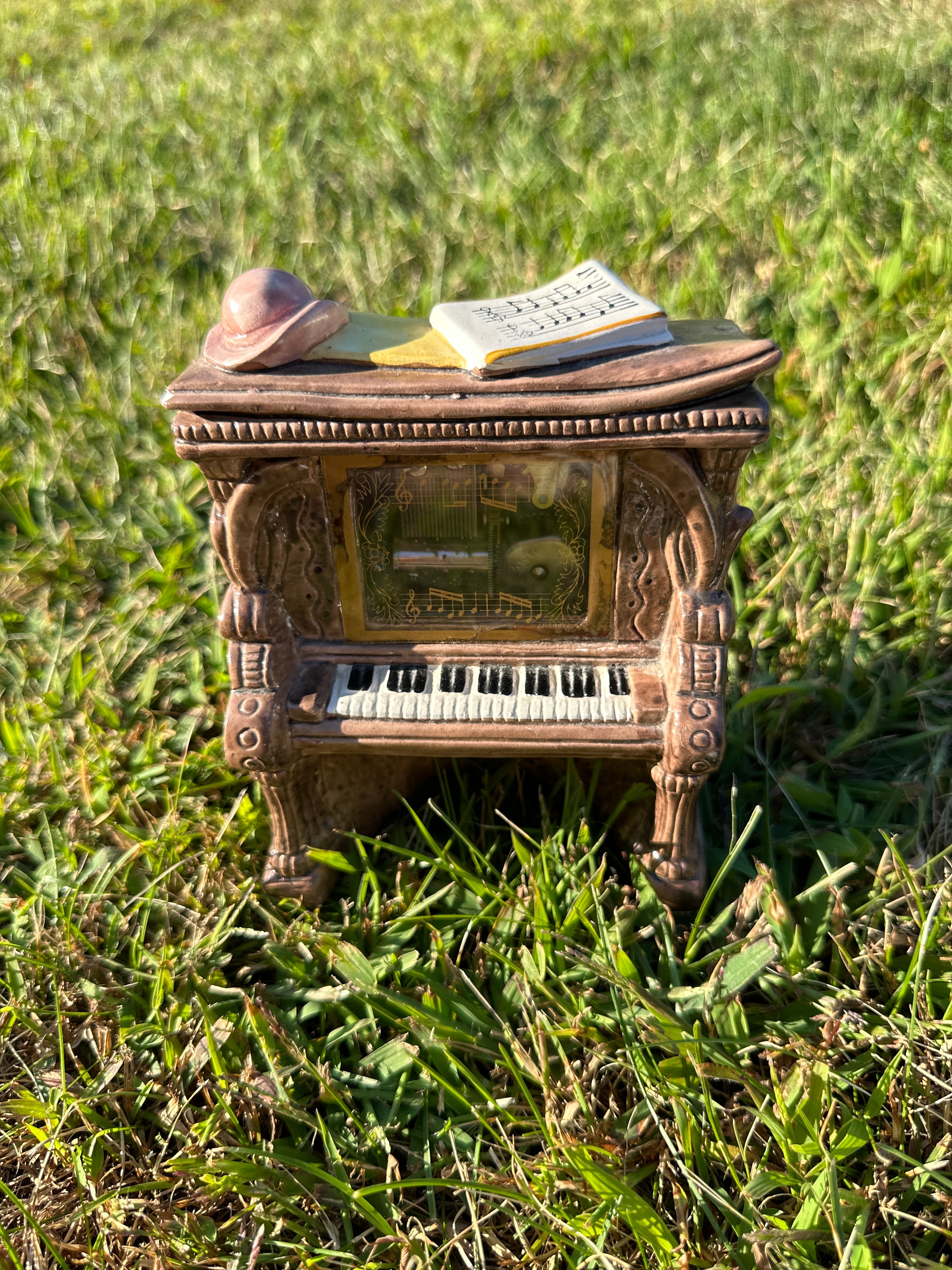 Vintage Miniature Piano Music Box with Hat & Sheet Music Décor