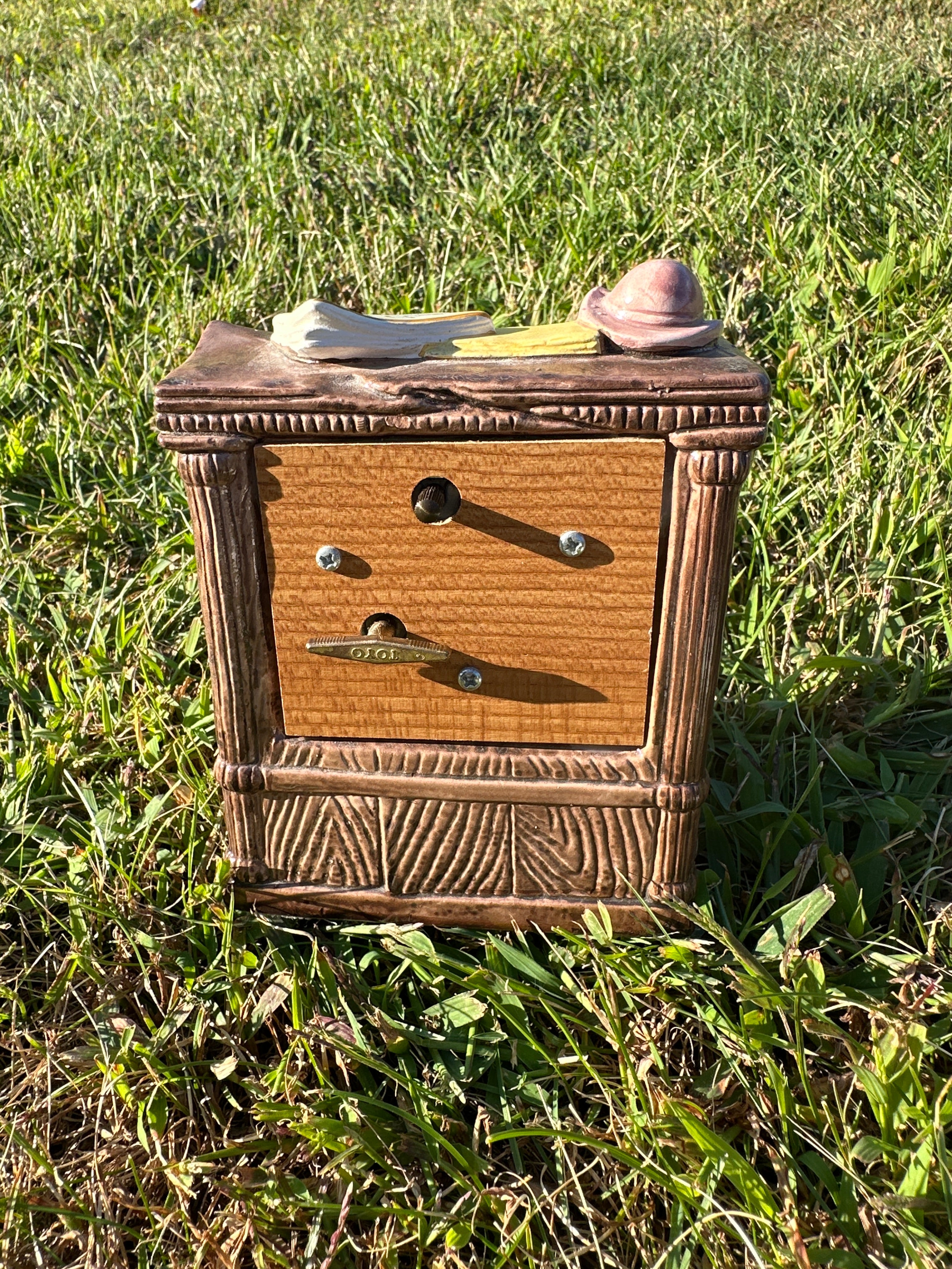 Vintage Miniature Piano Music Box with Hat & Sheet Music Décor