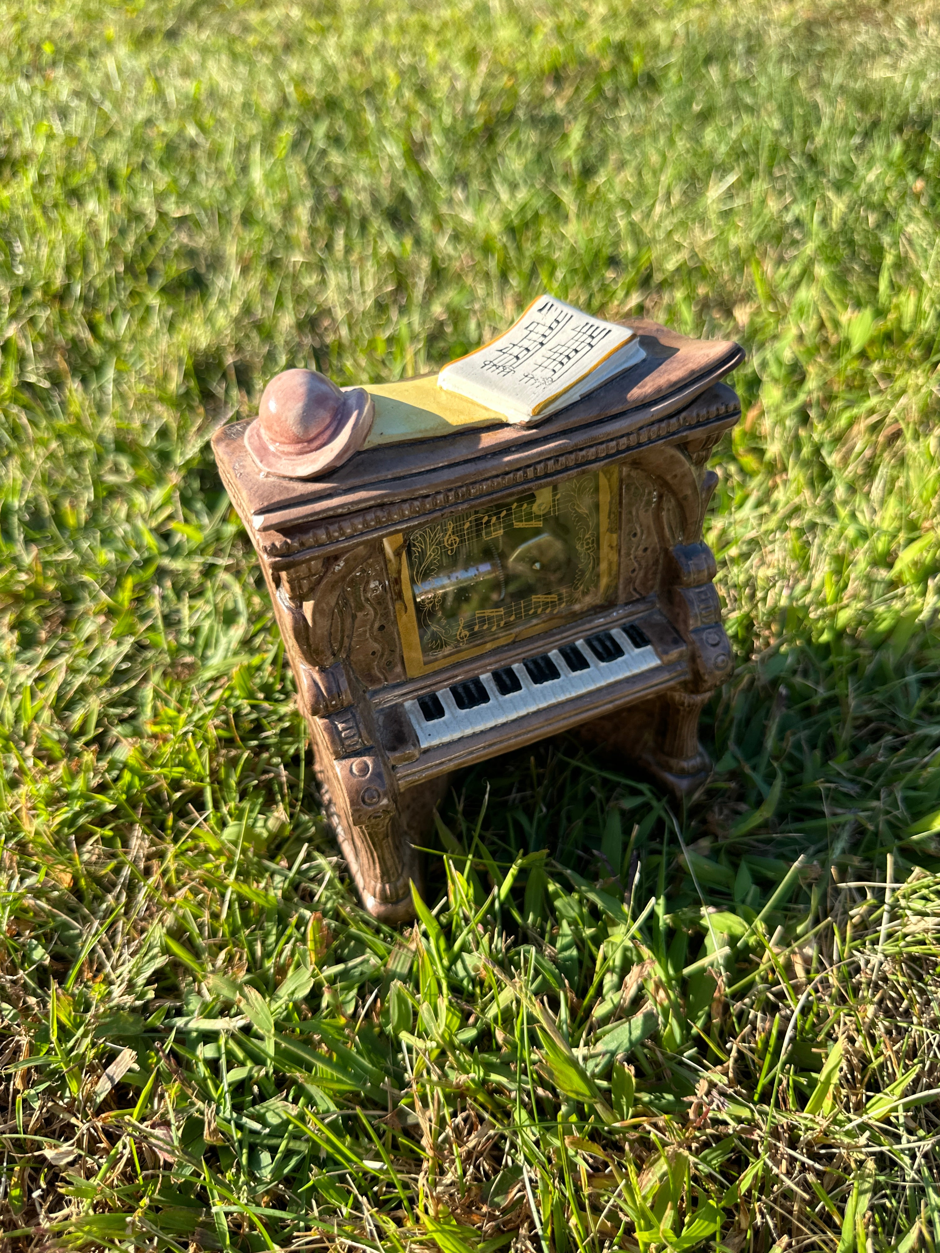 Vintage Miniature Piano Music Box with Hat & Sheet Music Décor