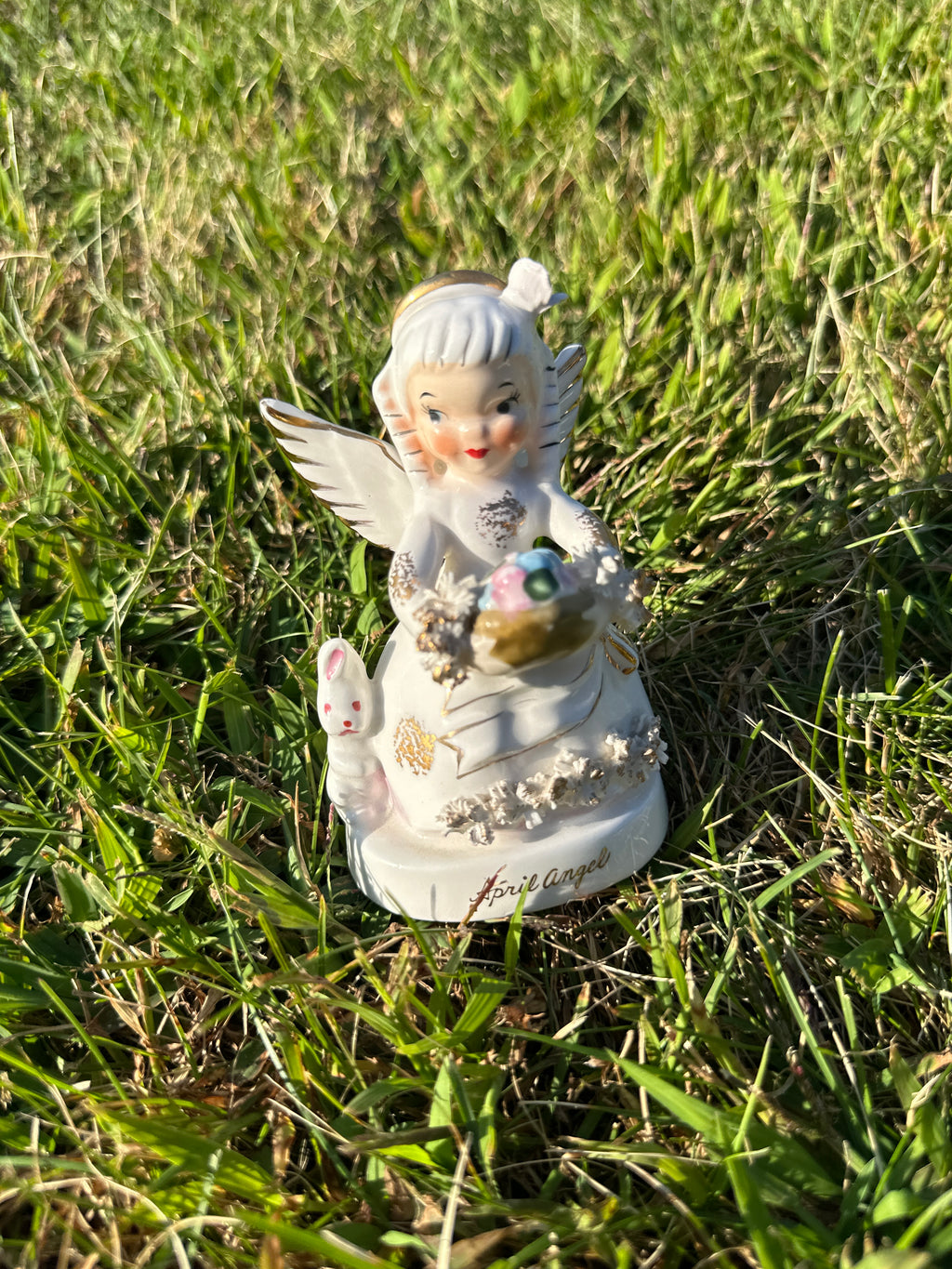 Vintage April Angel Figurine with Rabbit – Mid Century Ceramic