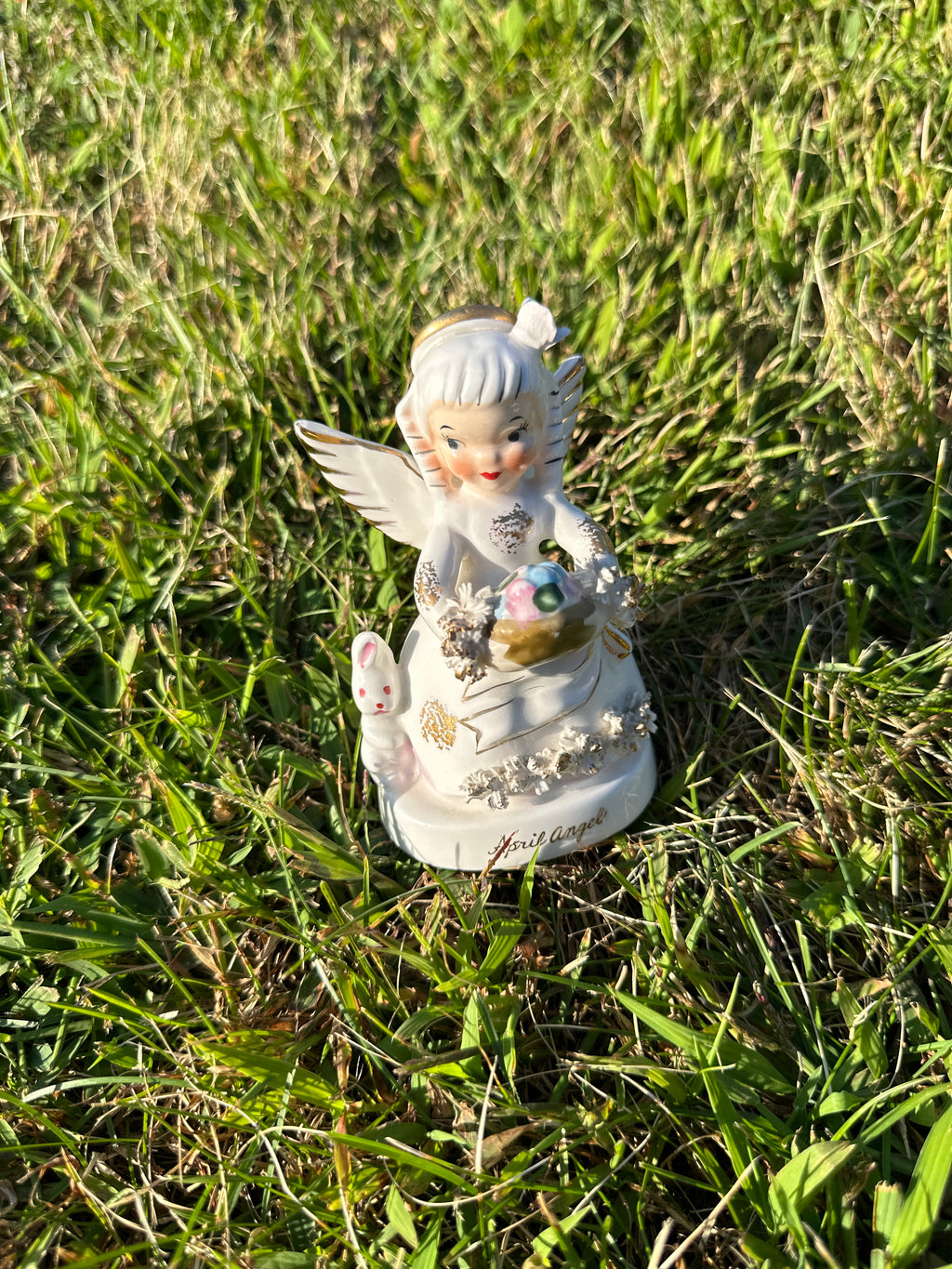 Vintage April Angel Figurine with Rabbit – Mid Century Ceramic