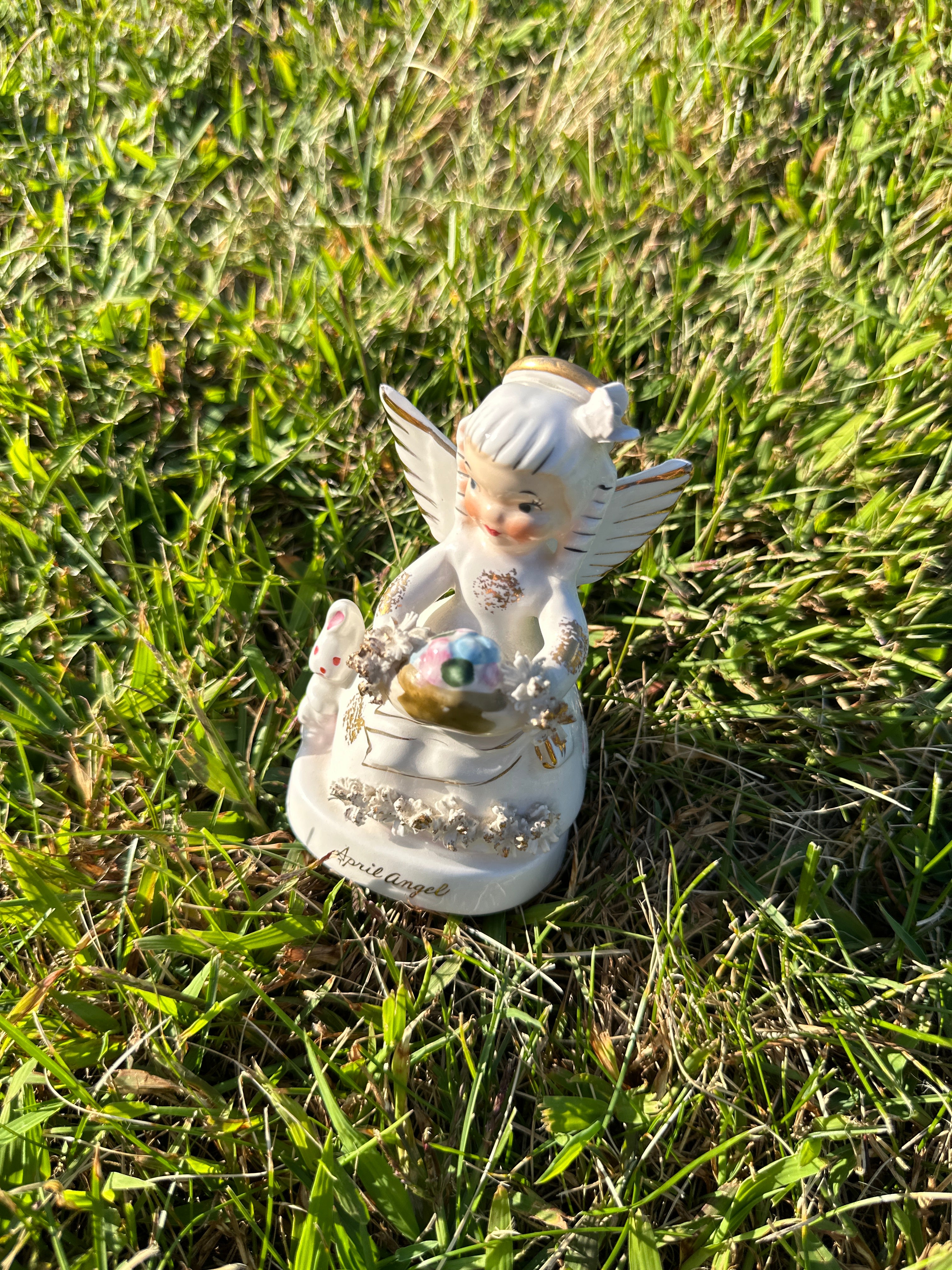 Vintage April Angel Figurine with Rabbit – Mid Century Ceramic