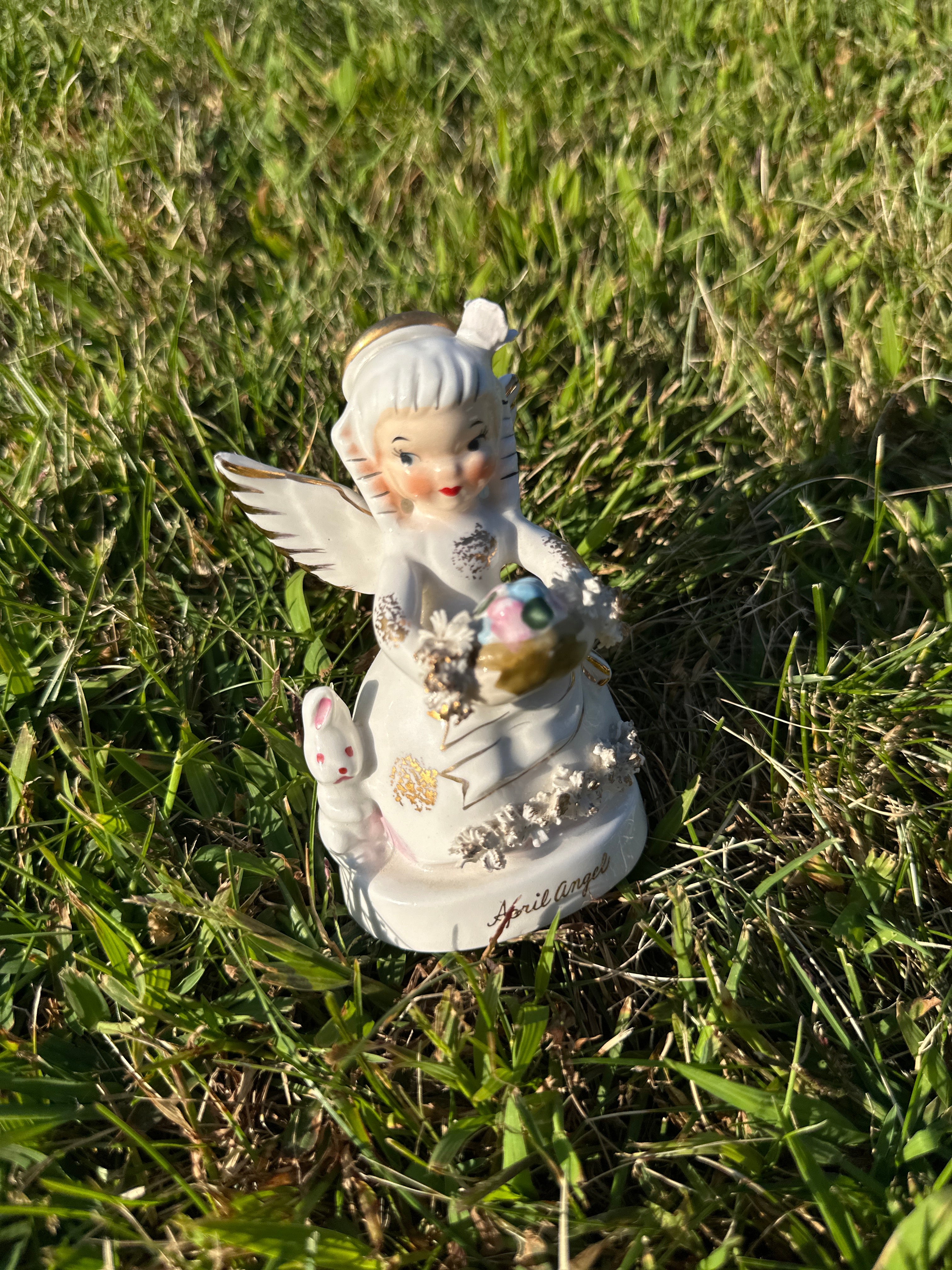 Vintage April Angel Figurine with Rabbit – Mid Century Ceramic