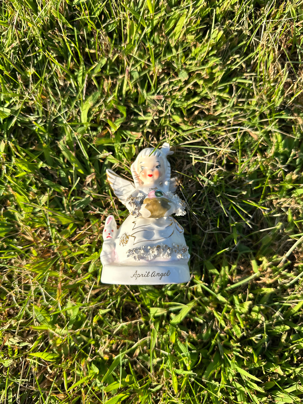 Vintage April Angel Figurine with Rabbit – Mid Century Ceramic