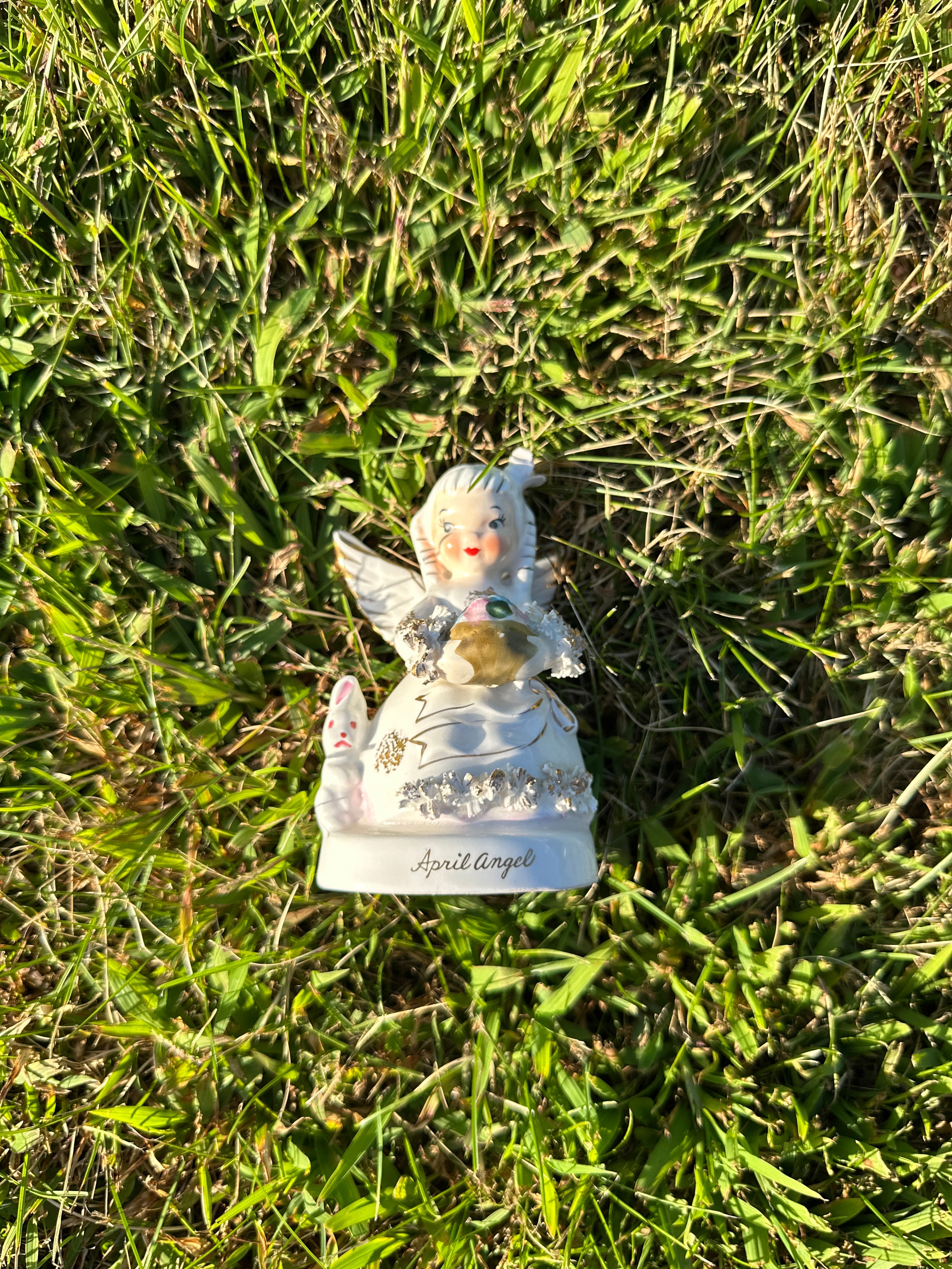 Vintage April Angel Figurine with Rabbit – Mid Century Ceramic