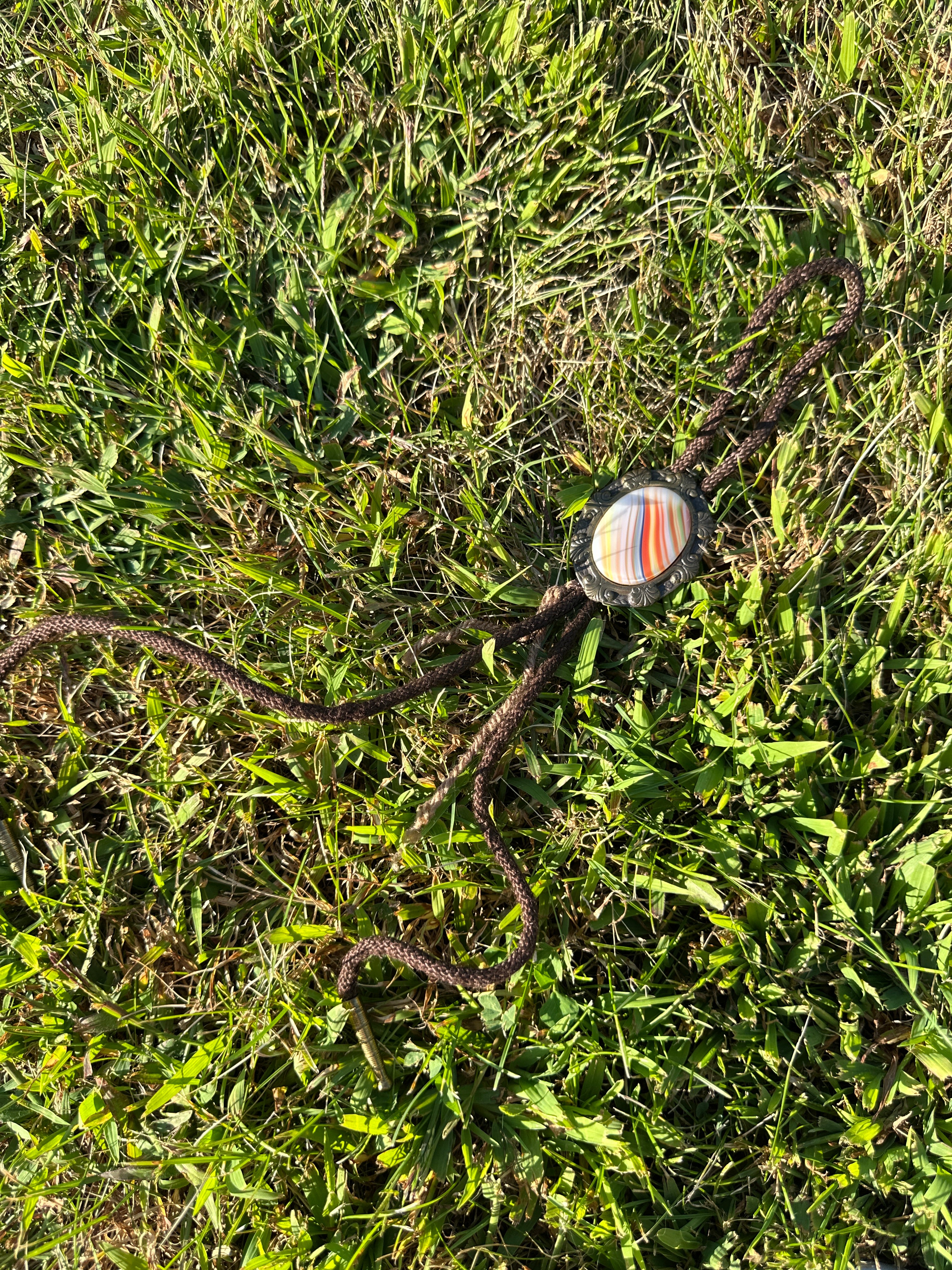 Bolo Tie Vintage Western with Striped Agate-Style Stone and Ornate Brass Setting