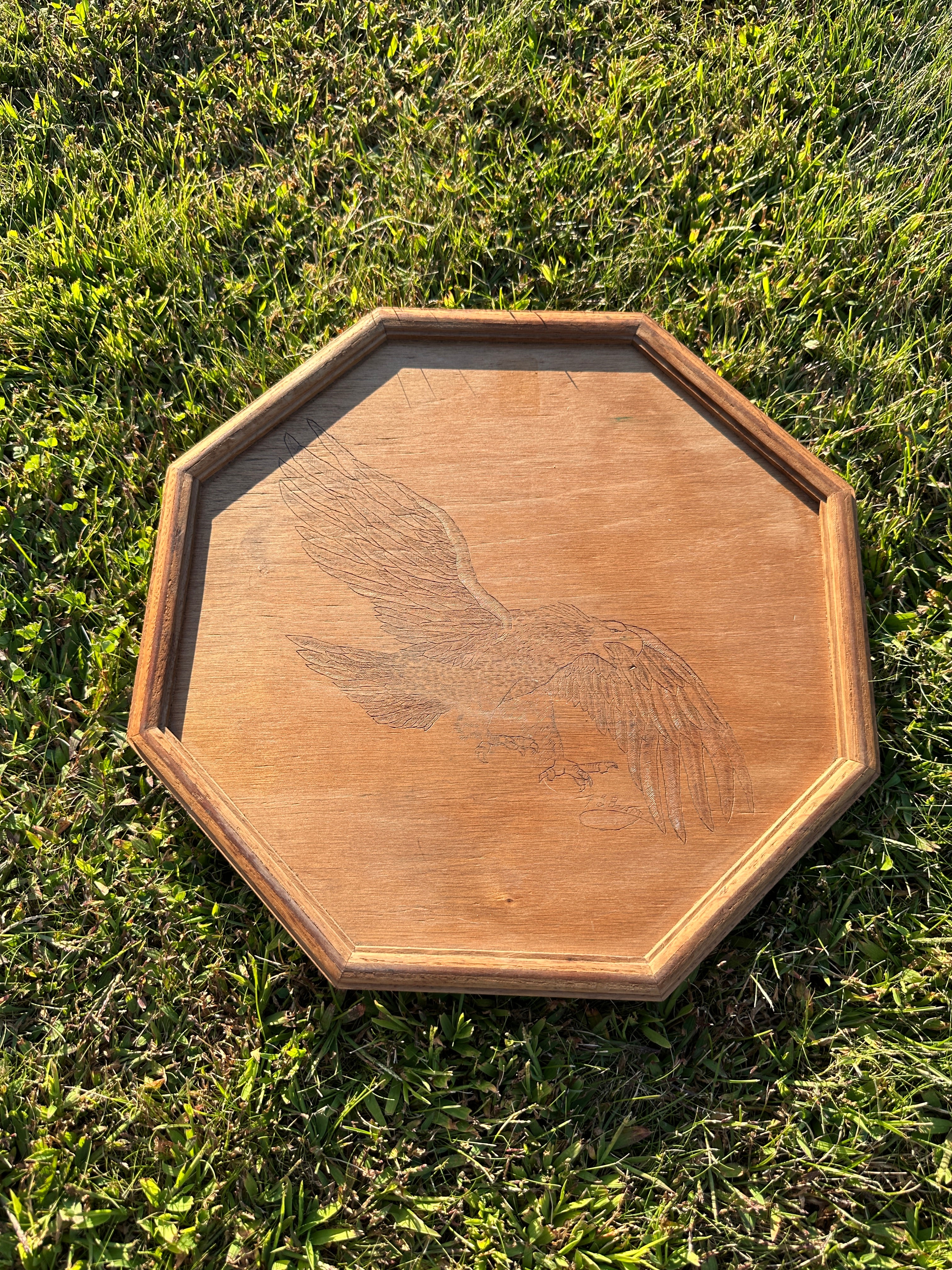 1980s Wooden Tray with Hand-Carved Eagle Design