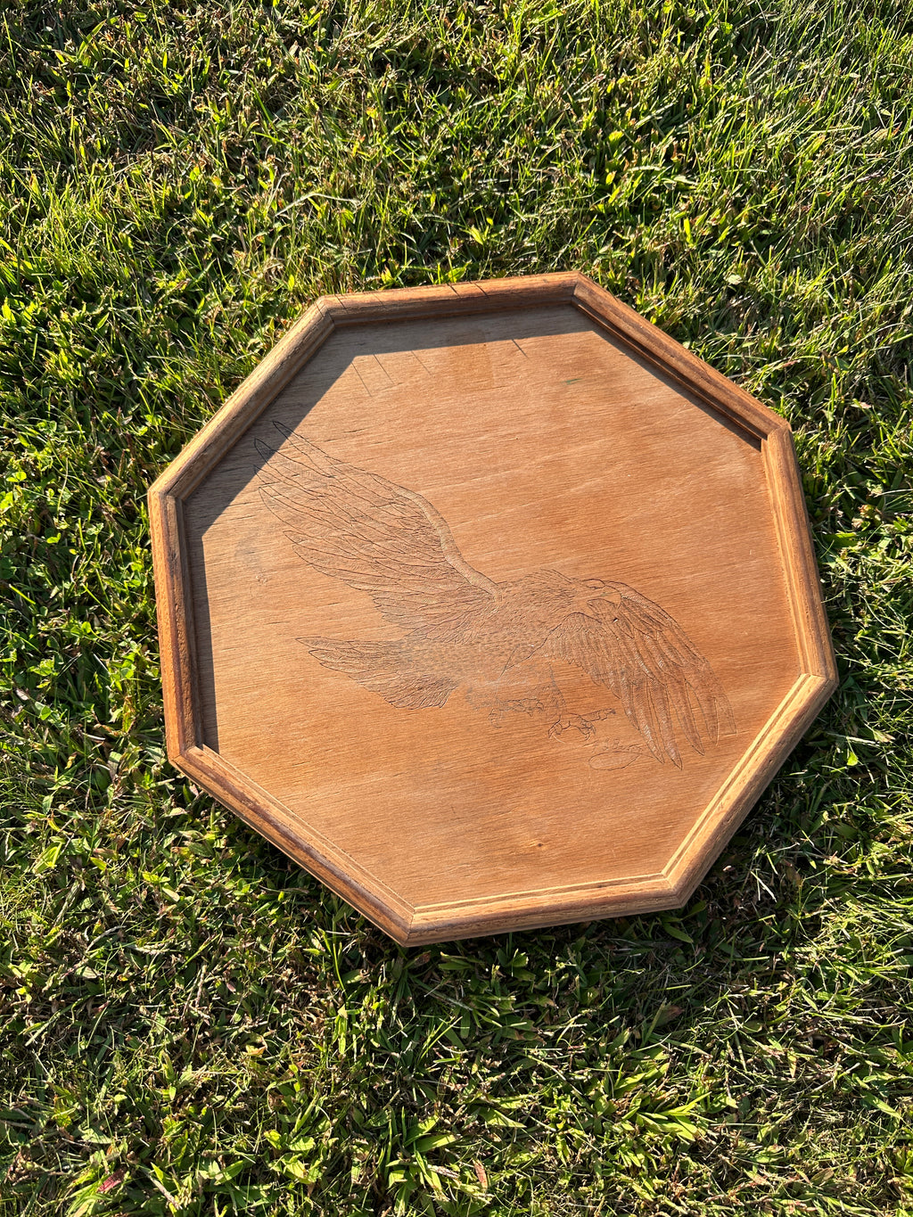 1980s Wooden Tray with Hand-Carved Eagle Design