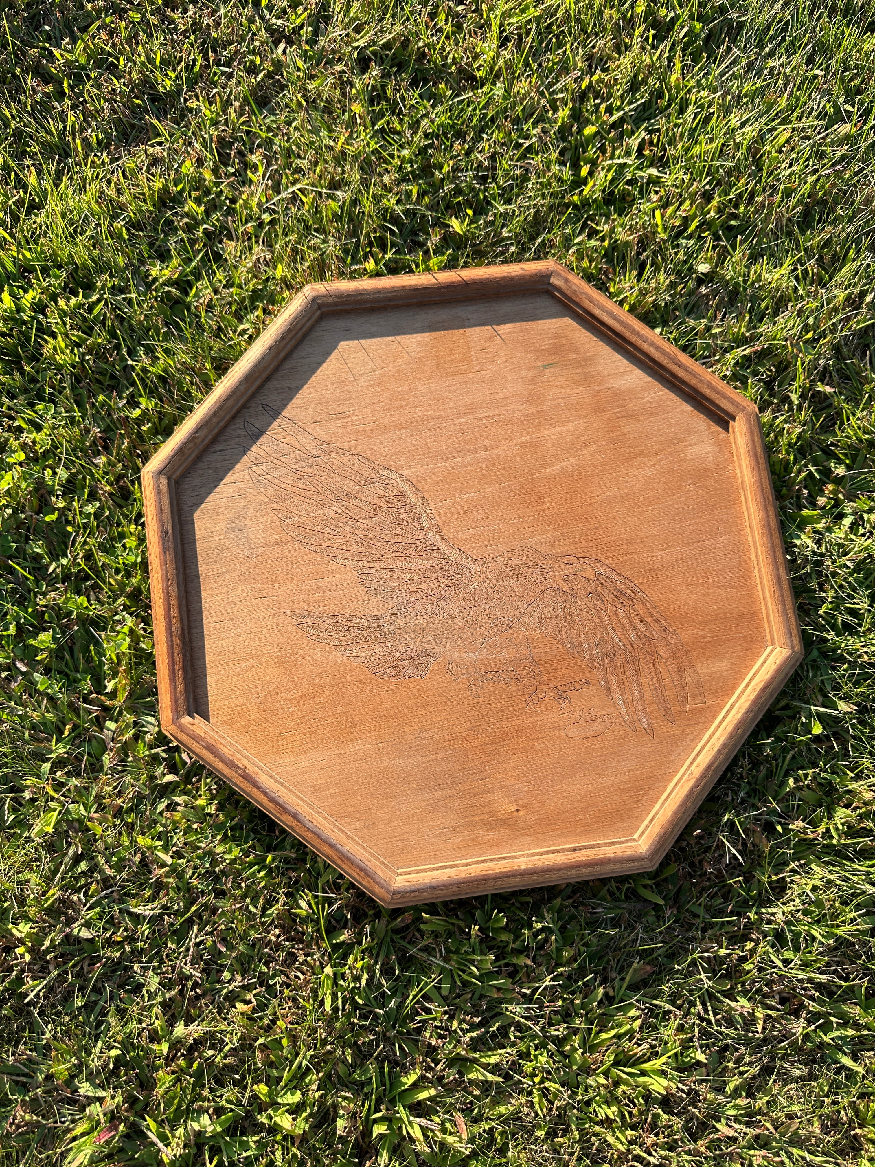 1980s Wooden Tray with Hand-Carved Eagle Design