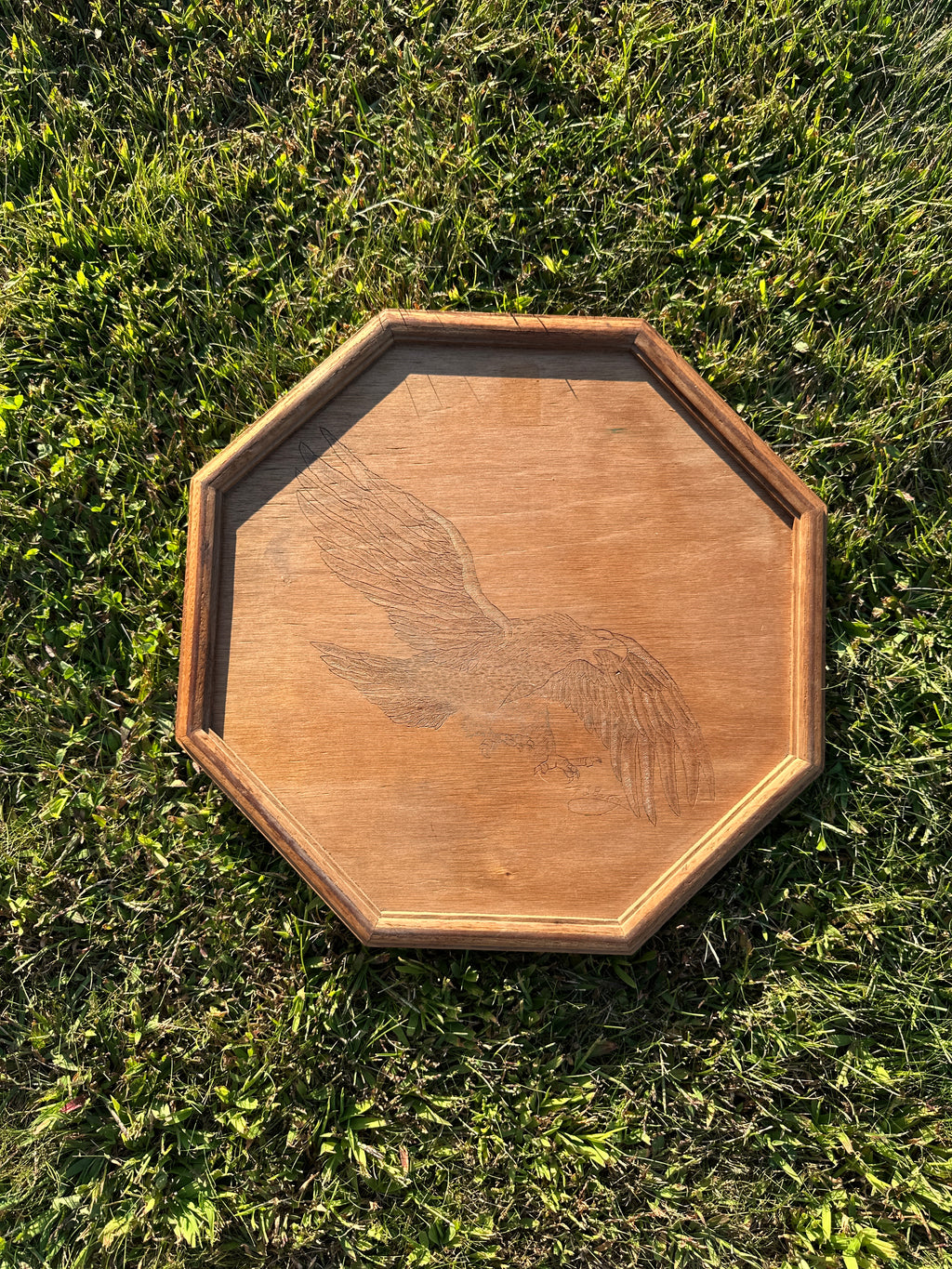 1980s Wooden Tray with Hand-Carved Eagle Design