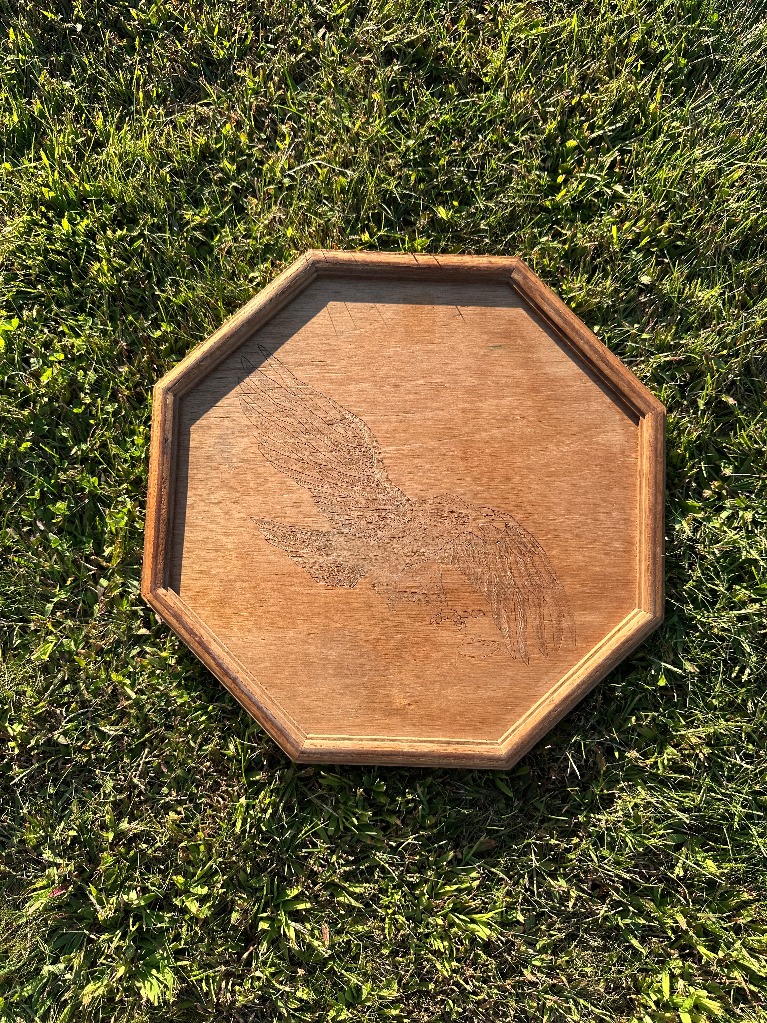 1980s Wooden Tray with Hand-Carved Eagle Design