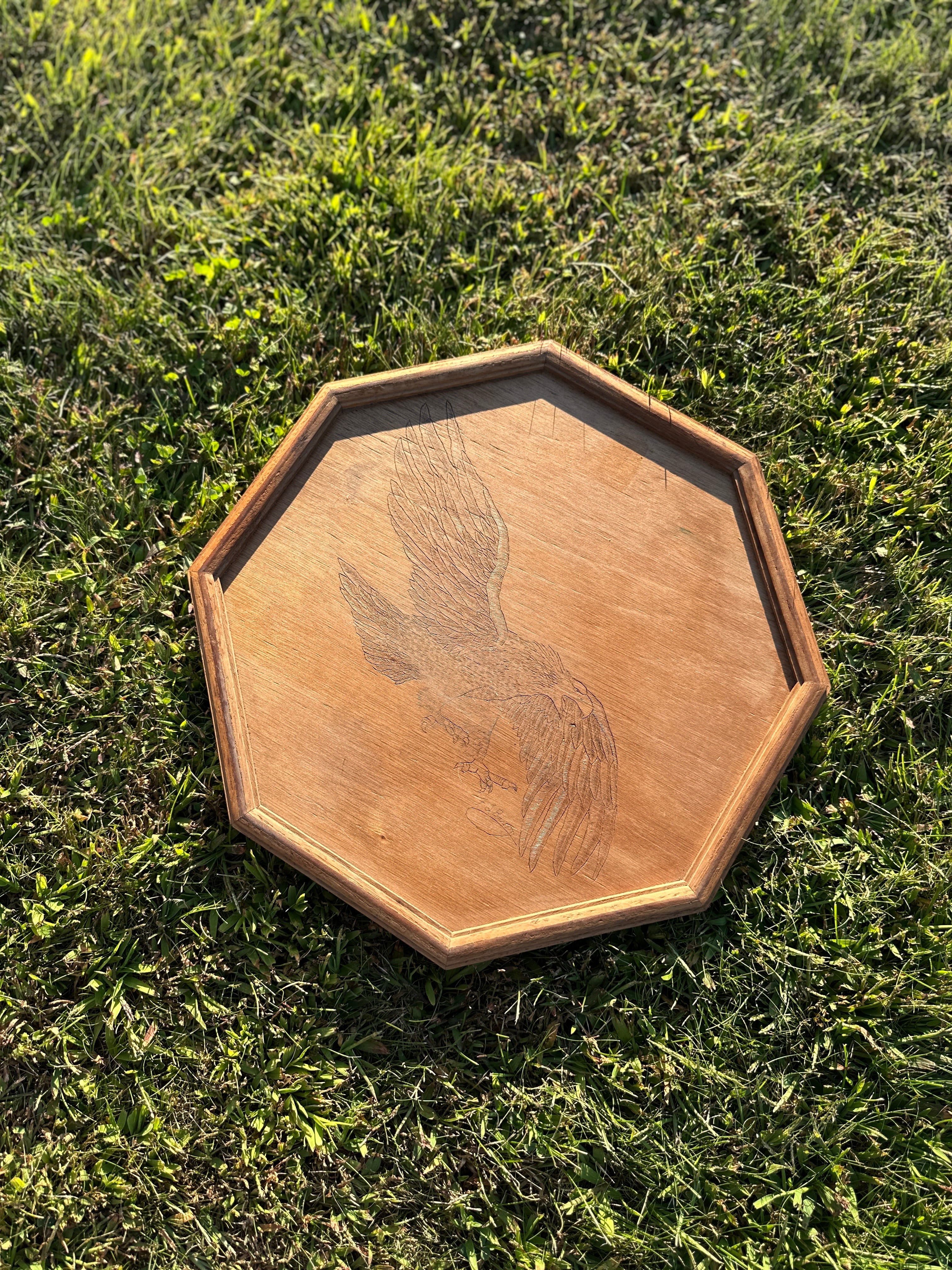 1980s Wooden Tray with Hand-Carved Eagle Design