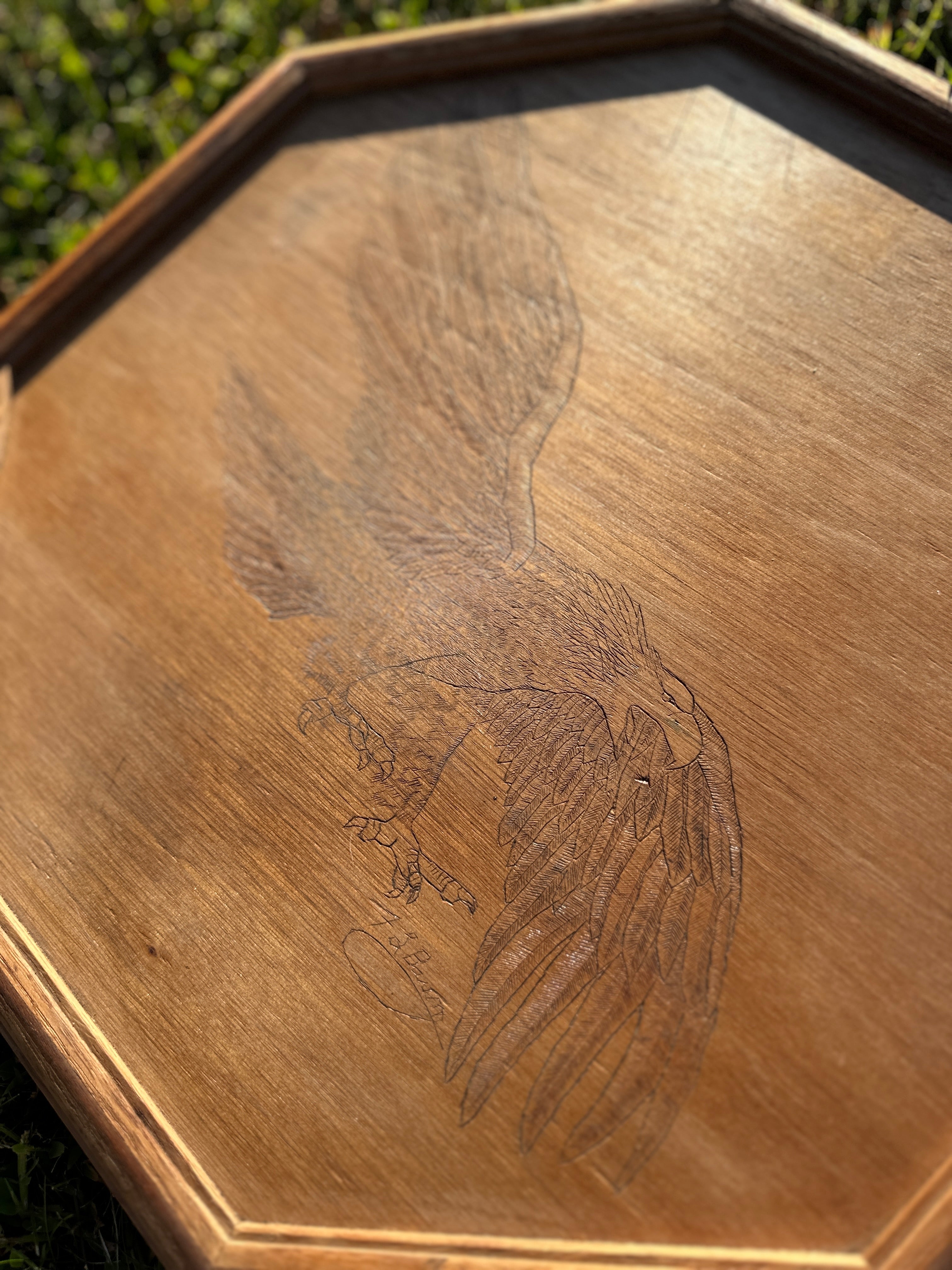 1980s Wooden Tray with Hand-Carved Eagle Design