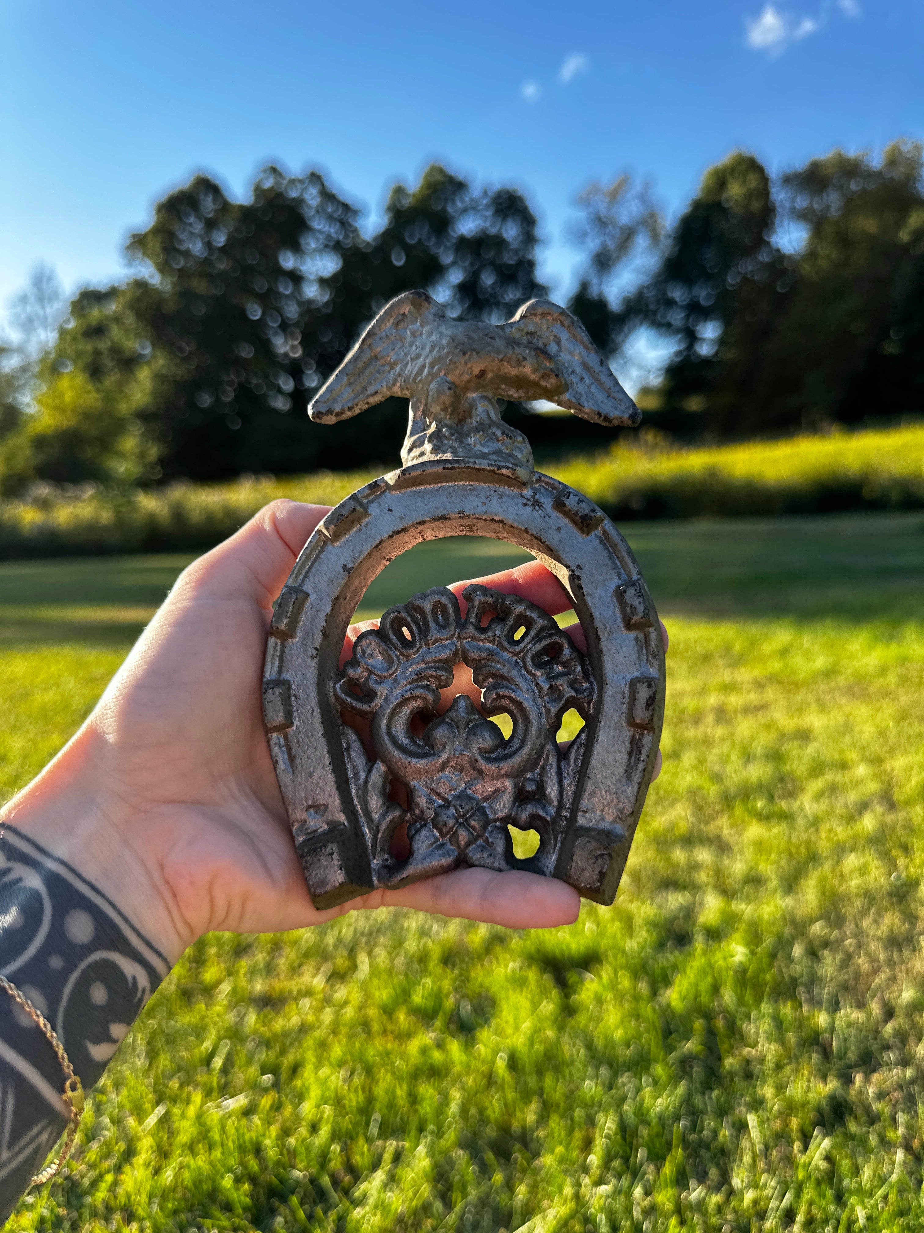 1970s Cast Iron Good Luck Horseshoe with Eagle – Rustic Wall Hanging Decor