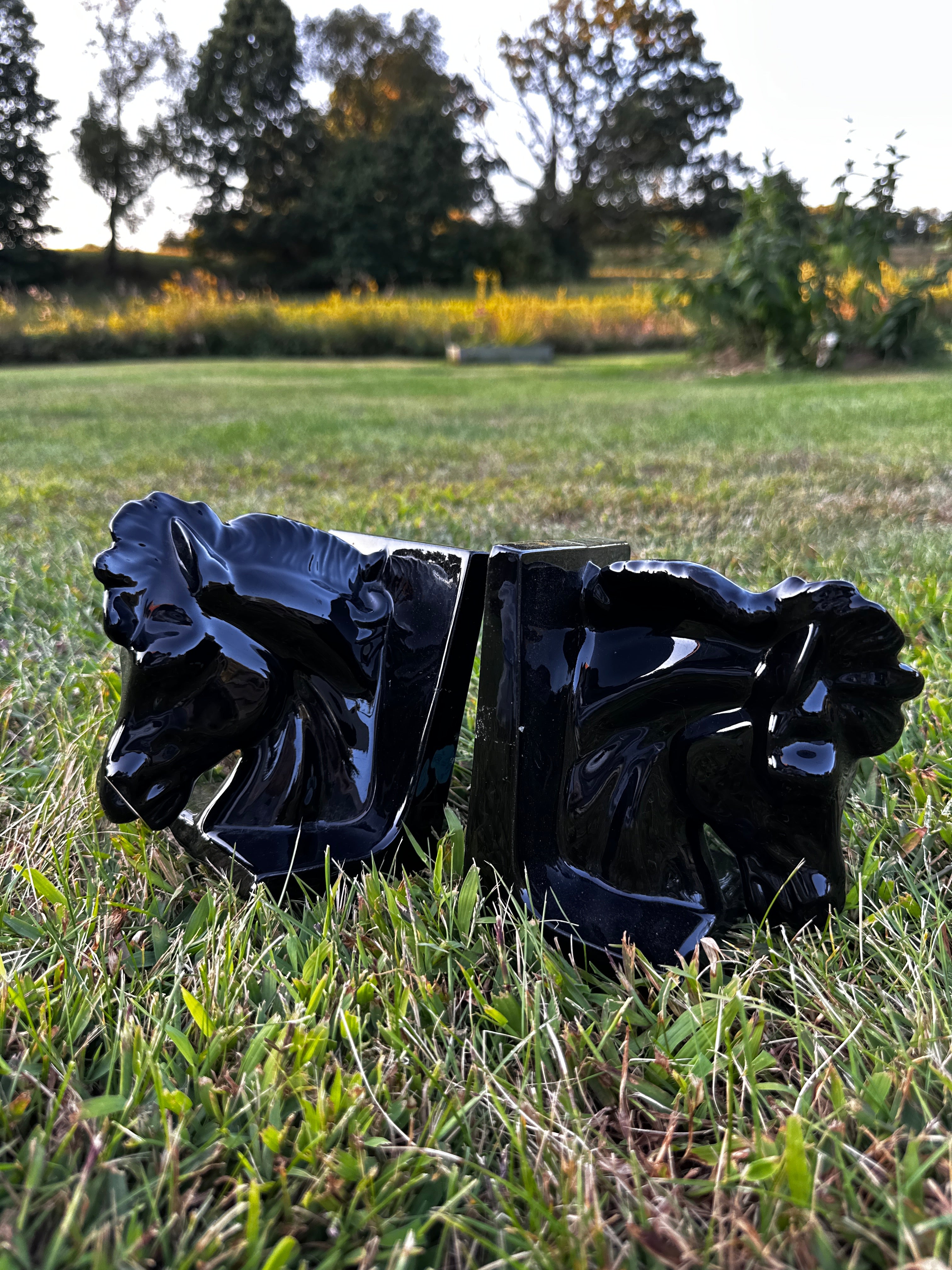 Vintage Black Ceramic Horse Head Bookends – Pair of Glossy Equine Decor