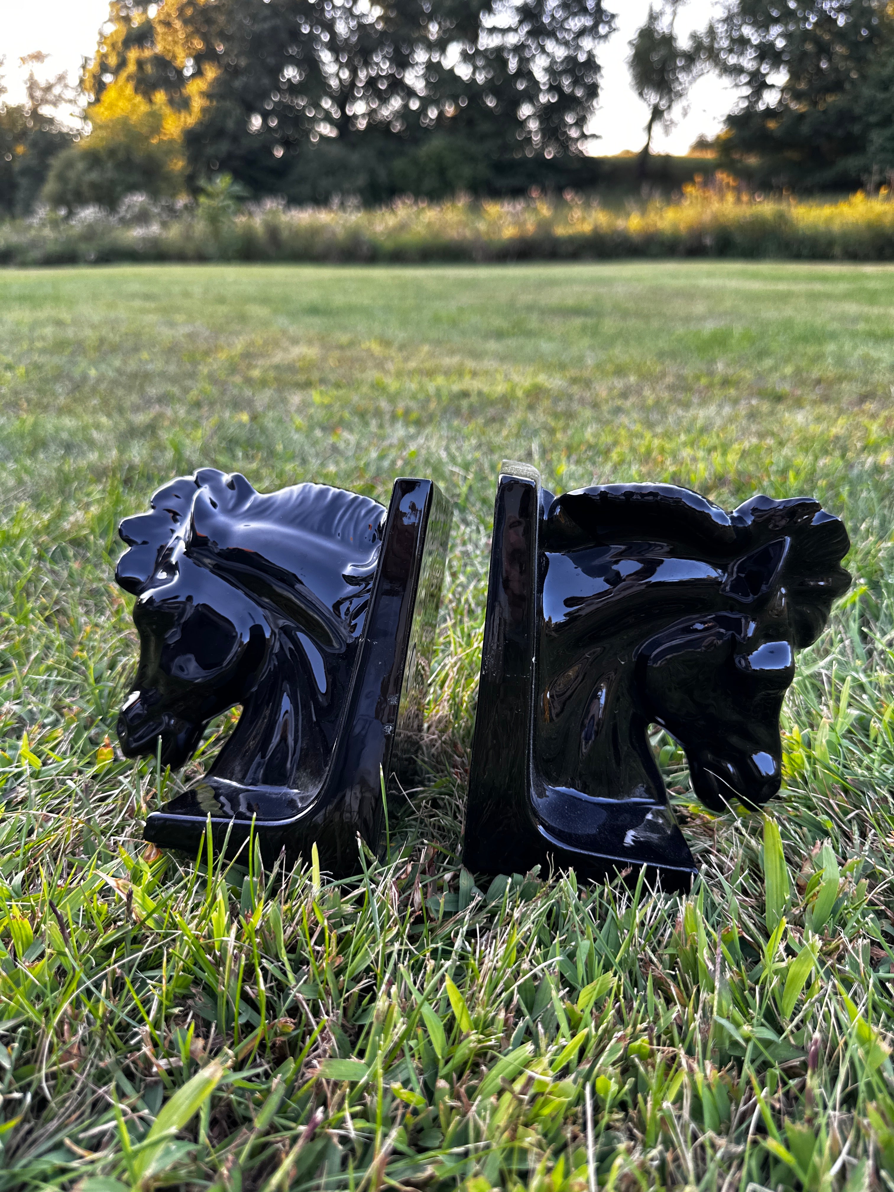 Vintage Black Ceramic Horse Head Bookends – Pair of Glossy Equine Decor